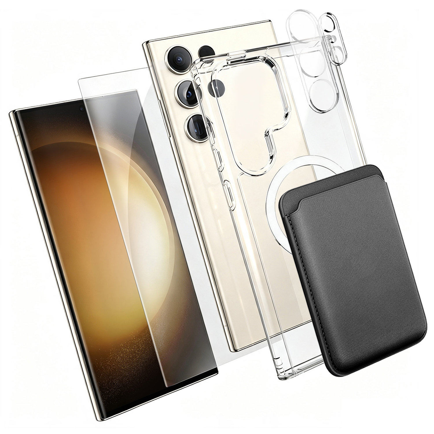 For Samsung Galaxy S23 Ultra Magnetic Case TPU + PC Phone Cover with High Aluminium-silicon Glass Screen Protector + Lens Protector + Card Holder - Transparent