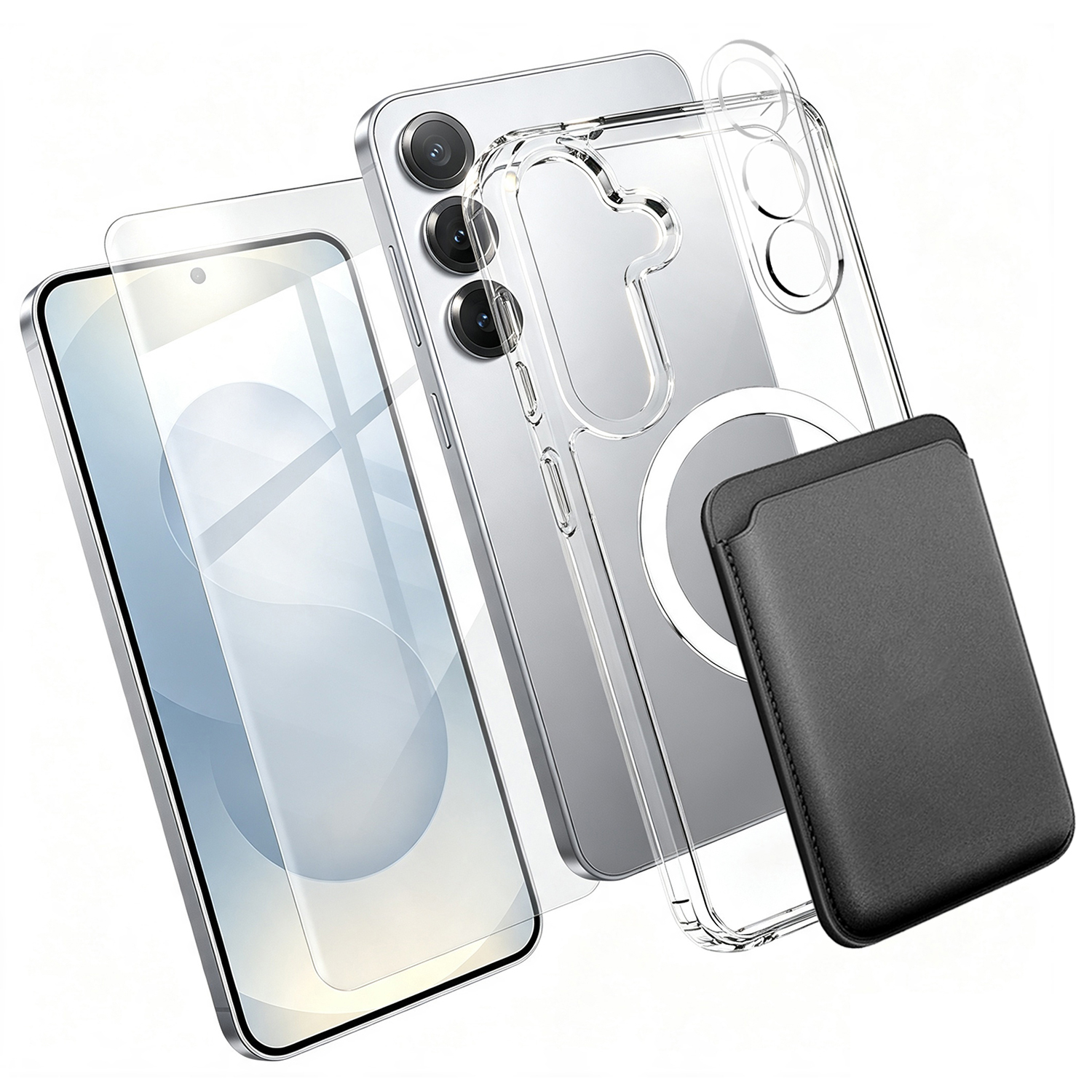 For Samsung Galaxy S25 Magnetic Case TPU + PC Phone Cover with High Aluminium-silicon Glass Screen Protector + Lens Protector + Card Holder - Transparent