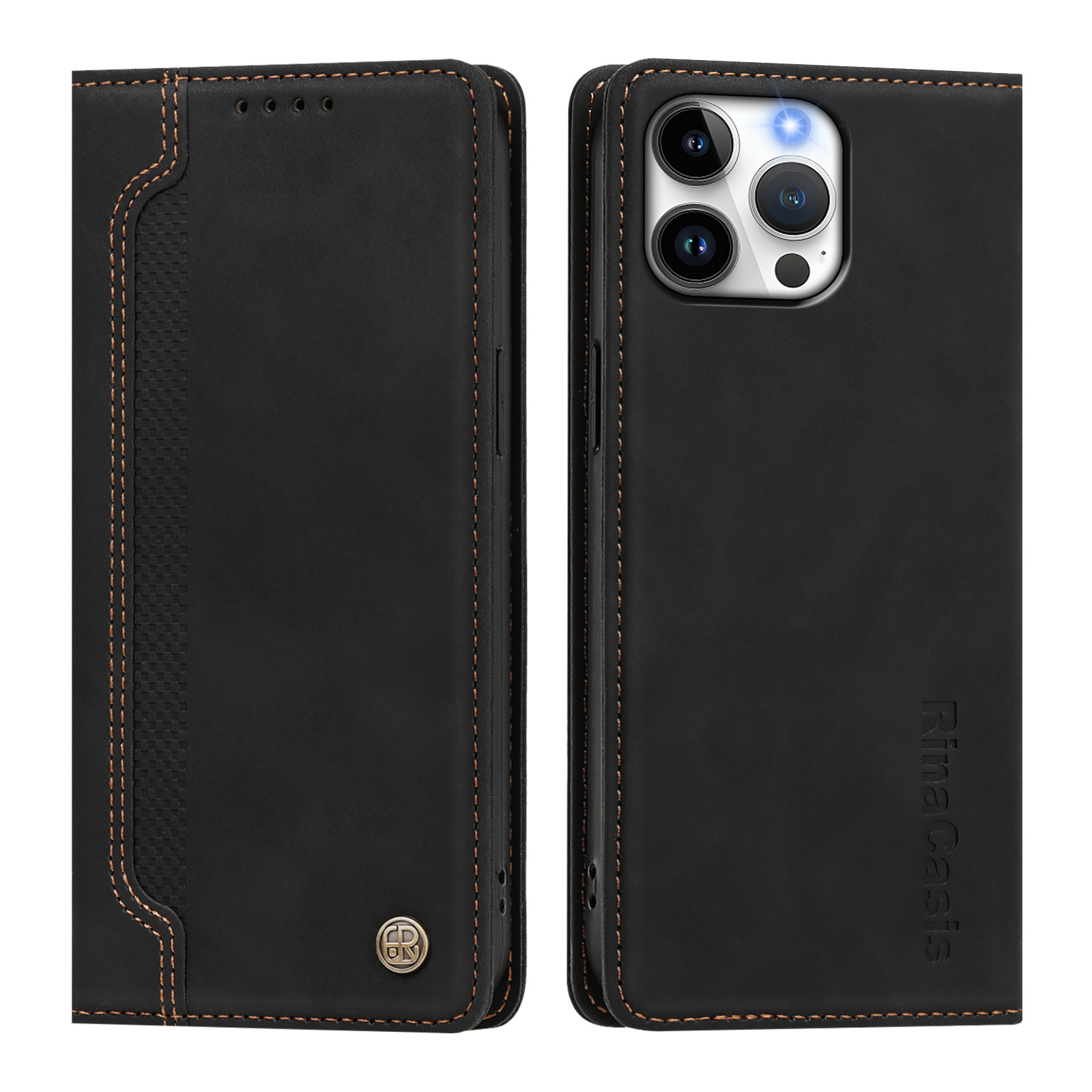 For iPhone 16 Pro Max Case Magnetic Closure Wallet Stand TPU PU Leather Phone Cover - Black