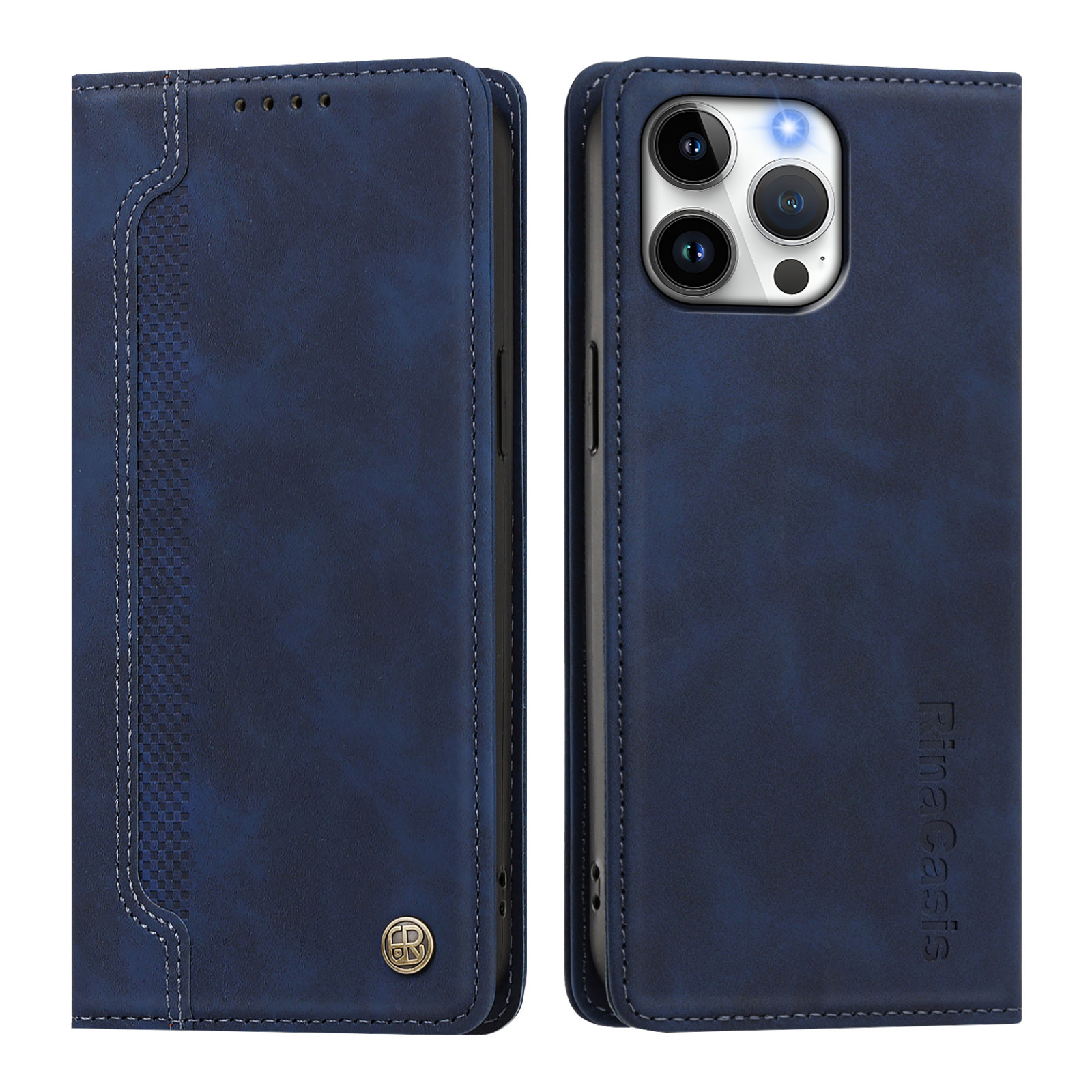 For iPhone 16 Pro Max Case Magnetic Closure Wallet Stand TPU PU Leather Phone Cover - Dark Blue
