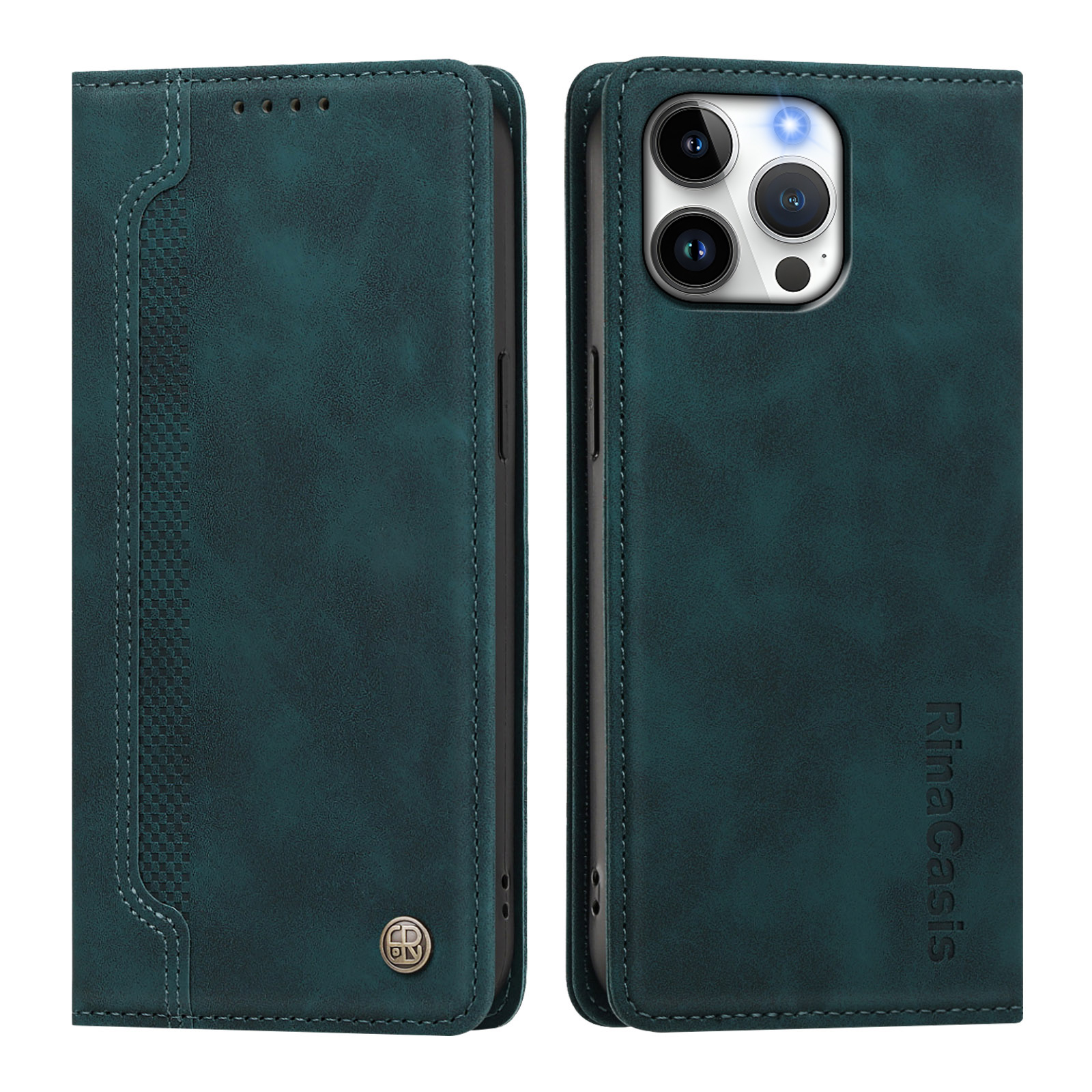 For iPhone 16 Pro Max Case Magnetic Closure Wallet Stand TPU PU Leather Phone Cover - Dark Green