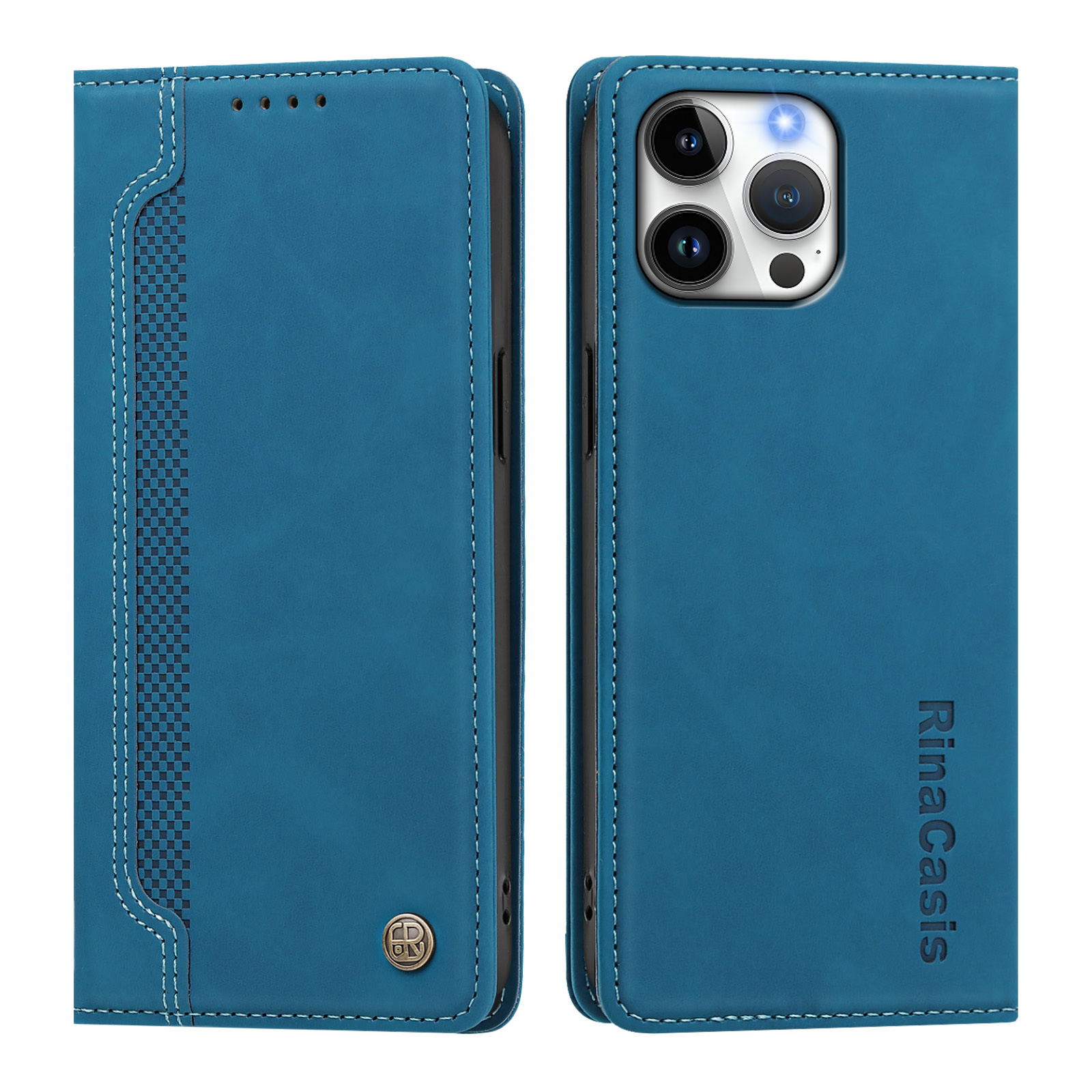 For iPhone 16 Pro Max Case Magnetic Closure Wallet Stand TPU PU Leather Phone Cover - Lake Blue