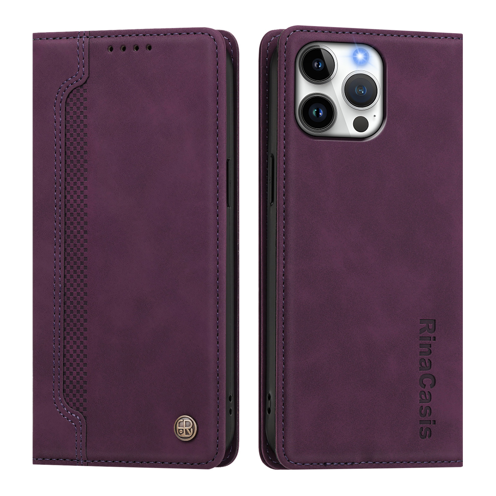 For iPhone 16 Pro Max Case Magnetic Closure Wallet Stand TPU PU Leather Phone Cover - Dark Purple