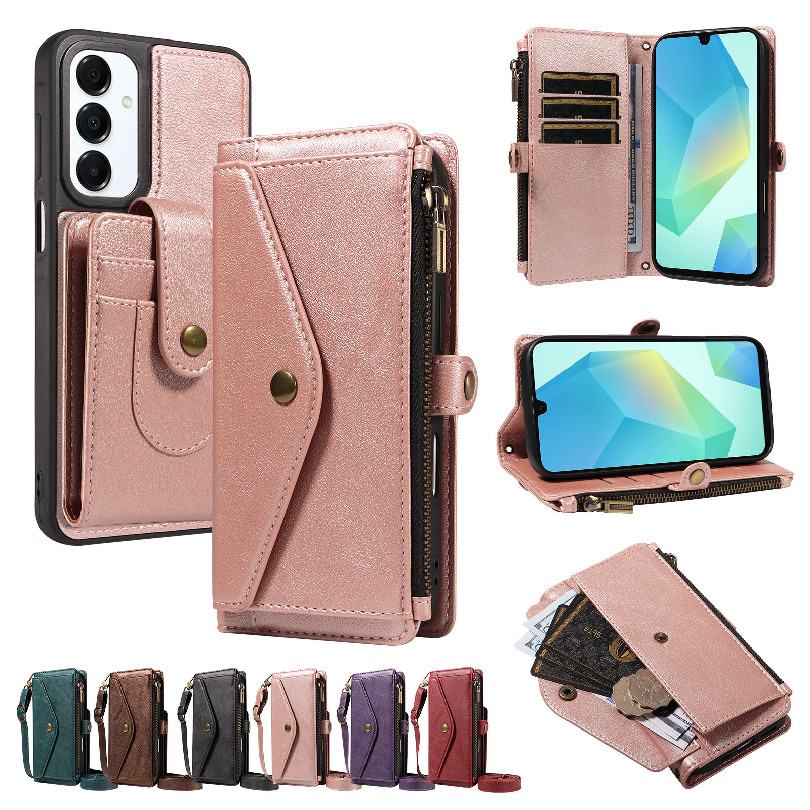 For Samsung Galaxy A16 4G / Galaxy M16 5G / Galaxy F16 5G / Galaxy A16 5G Magnetic Case Detachable RFID Blocking Wallet PU Leather + Matte TPU Phone Cover with Straps - Rose Gold