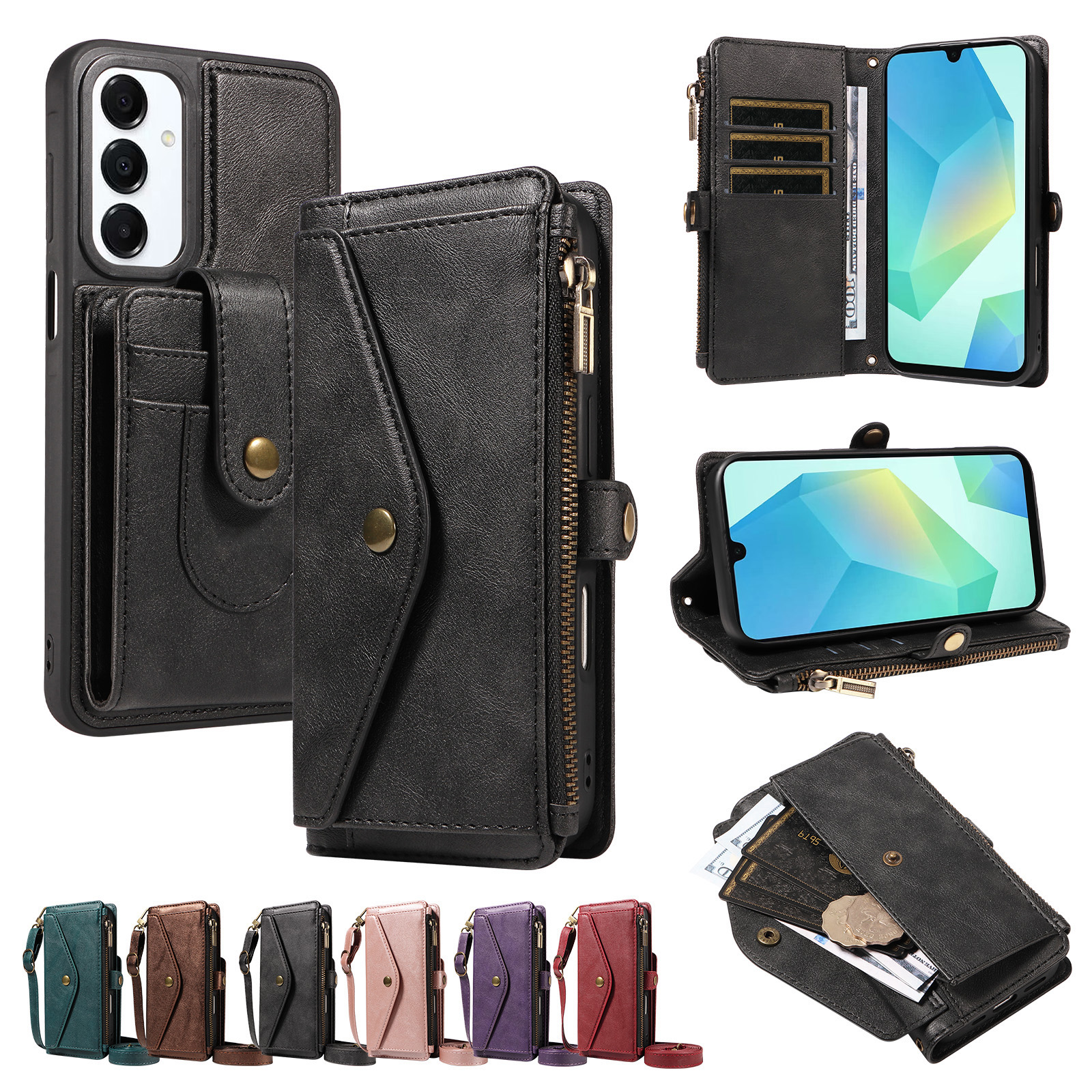 For Samsung Galaxy A16 4G / Galaxy M16 5G / Galaxy F16 5G / Galaxy A16 5G Magnetic Case Detachable RFID Blocking Wallet PU Leather + Matte TPU Phone Cover with Straps - Black