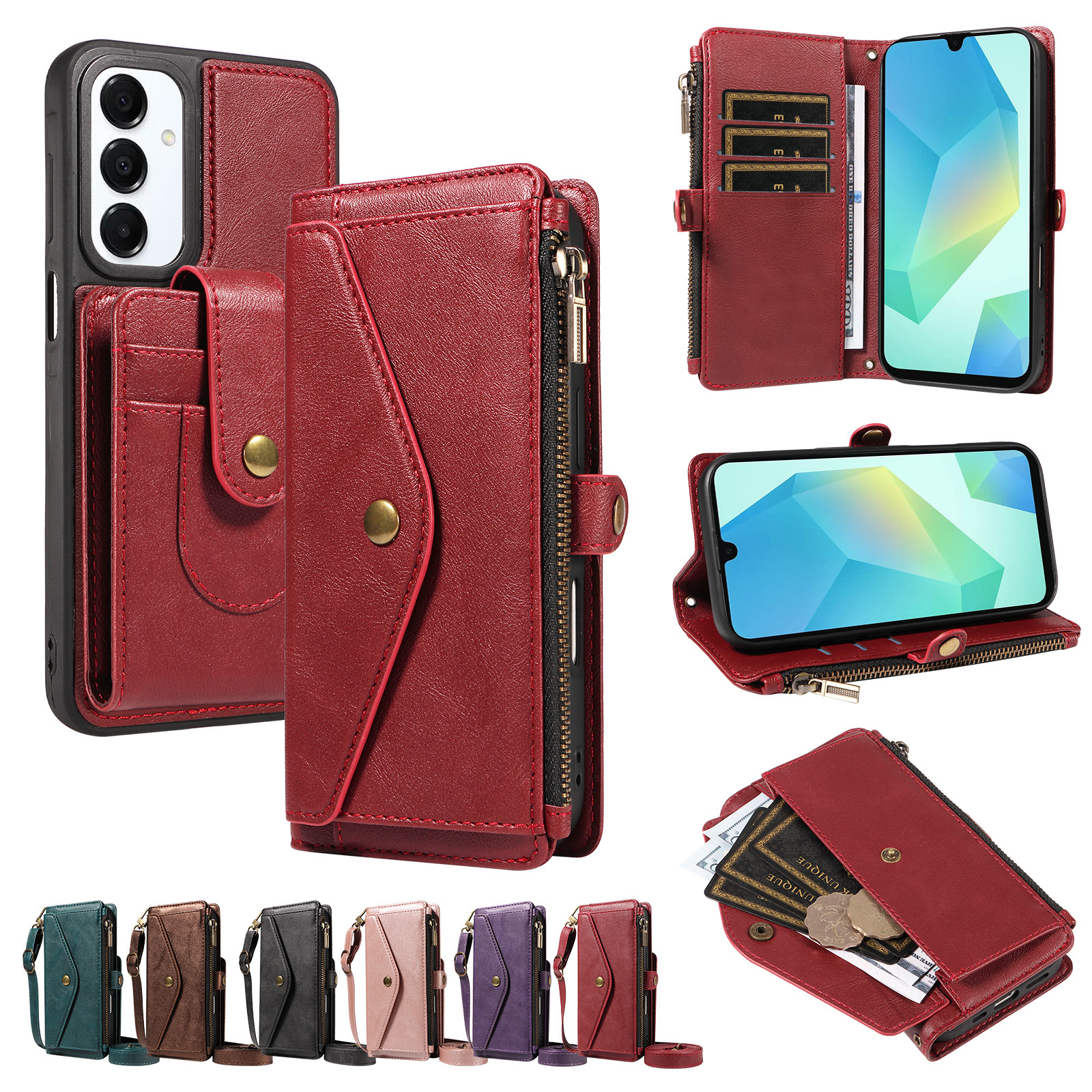 For Samsung Galaxy A16 4G / Galaxy M16 5G / Galaxy F16 5G / Galaxy A16 5G Magnetic Case Detachable RFID Blocking Wallet PU Leather + Matte TPU Phone Cover with Straps - Wine Red