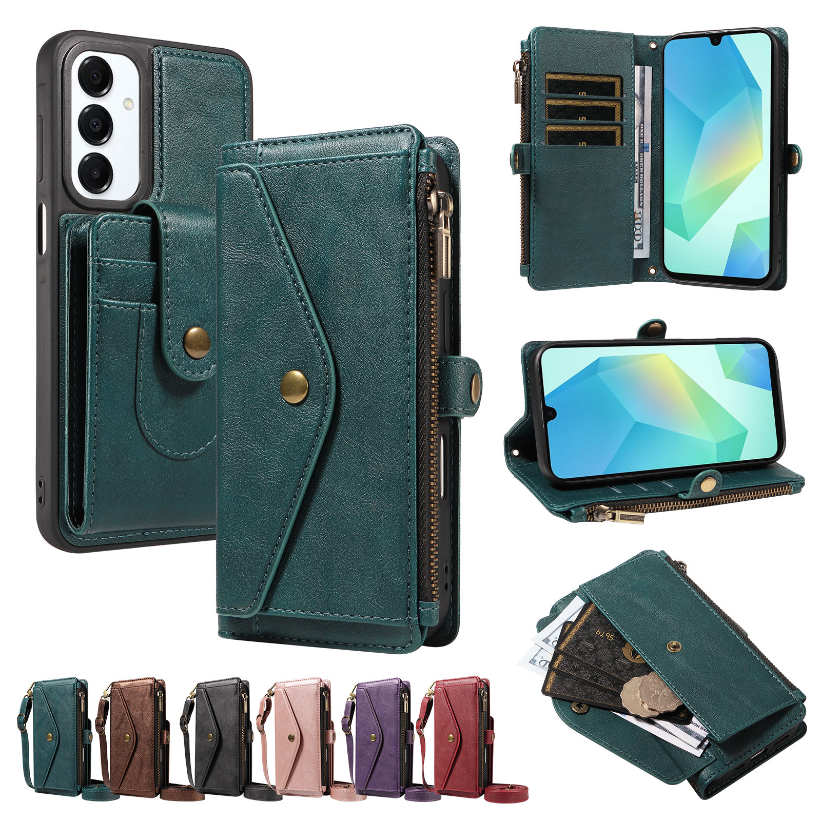 For Samsung Galaxy A16 4G / Galaxy M16 5G / Galaxy F16 5G / Galaxy A16 5G Magnetic Case Detachable RFID Blocking Wallet PU Leather + Matte TPU Phone Cover with Straps - Green