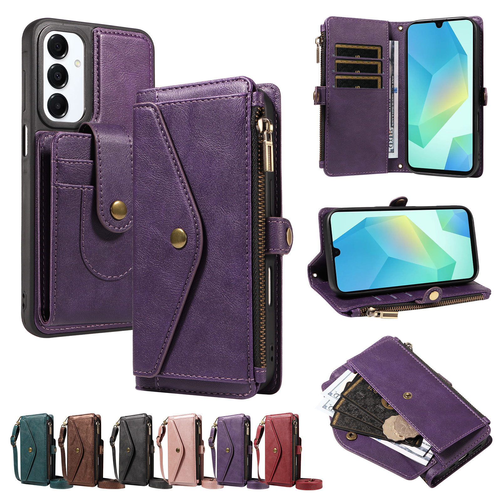 For Samsung Galaxy A16 4G / Galaxy M16 5G / Galaxy F16 5G / Galaxy A16 5G Magnetic Case Detachable RFID Blocking Wallet PU Leather + Matte TPU Phone Cover with Straps - Purple