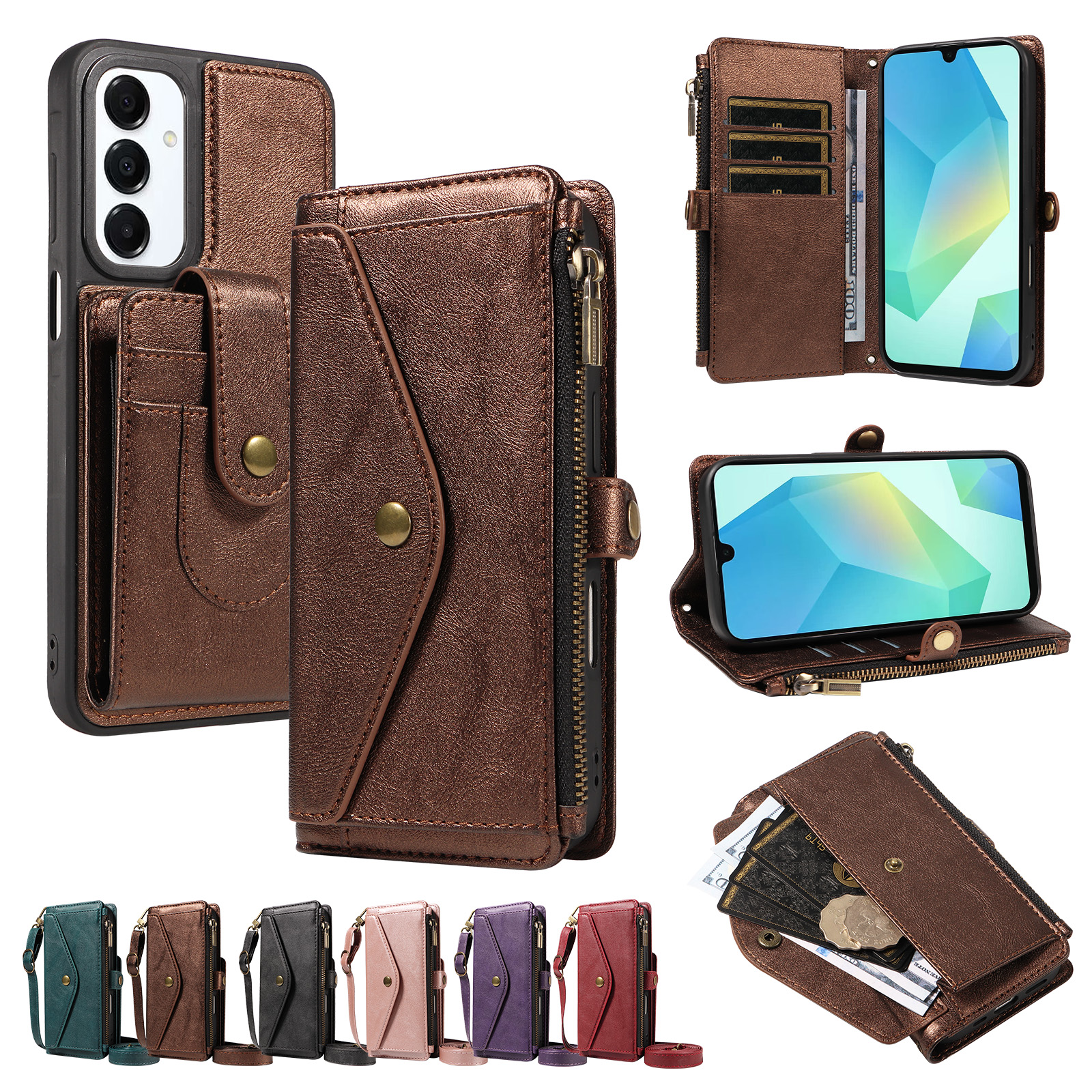 For Samsung Galaxy A16 4G / Galaxy M16 5G / Galaxy F16 5G / Galaxy A16 5G Magnetic Case Detachable RFID Blocking Wallet PU Leather + Matte TPU Phone Cover with Straps - Brown