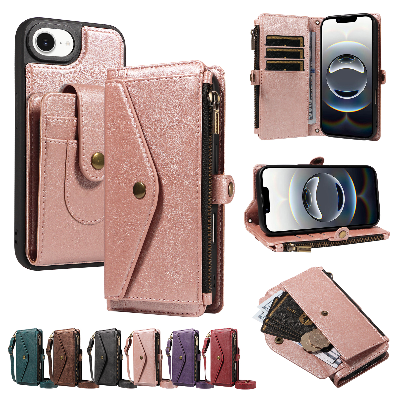 For iPhone 16e / iPhone 17e Magnetic Case Detachable RFID Blocking Wallet PU Leather + Matte TPU Phone Cover with Straps - Rose Gold