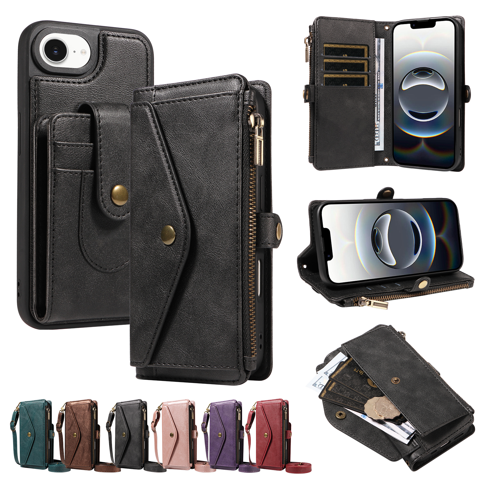 For iPhone 16e / iPhone 17e Magnetic Case Detachable RFID Blocking Wallet PU Leather + Matte TPU Phone Cover with Straps - Black