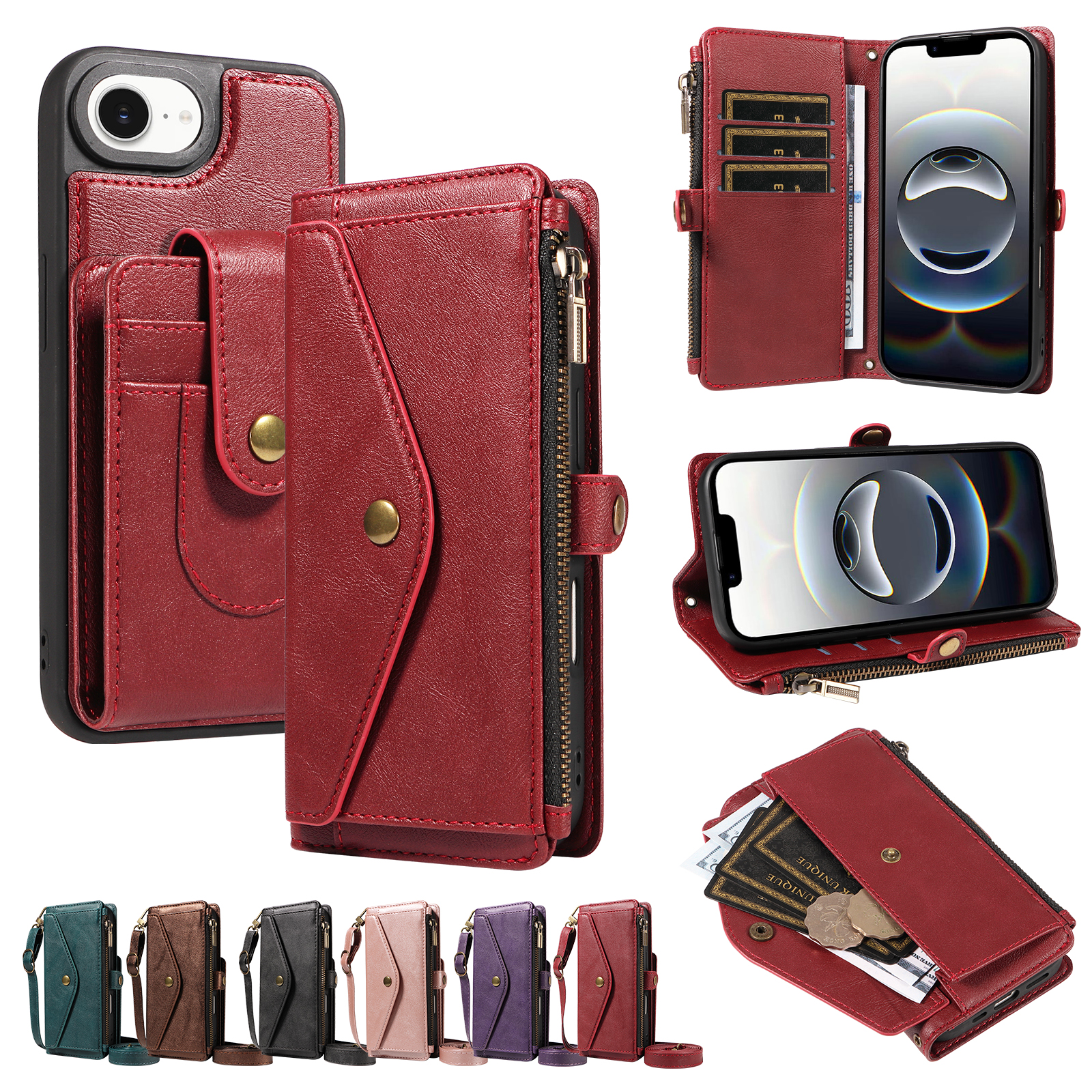 For iPhone 16e / iPhone 17e Magnetic Case Detachable RFID Blocking Wallet PU Leather + Matte TPU Phone Cover with Straps - Wine Red