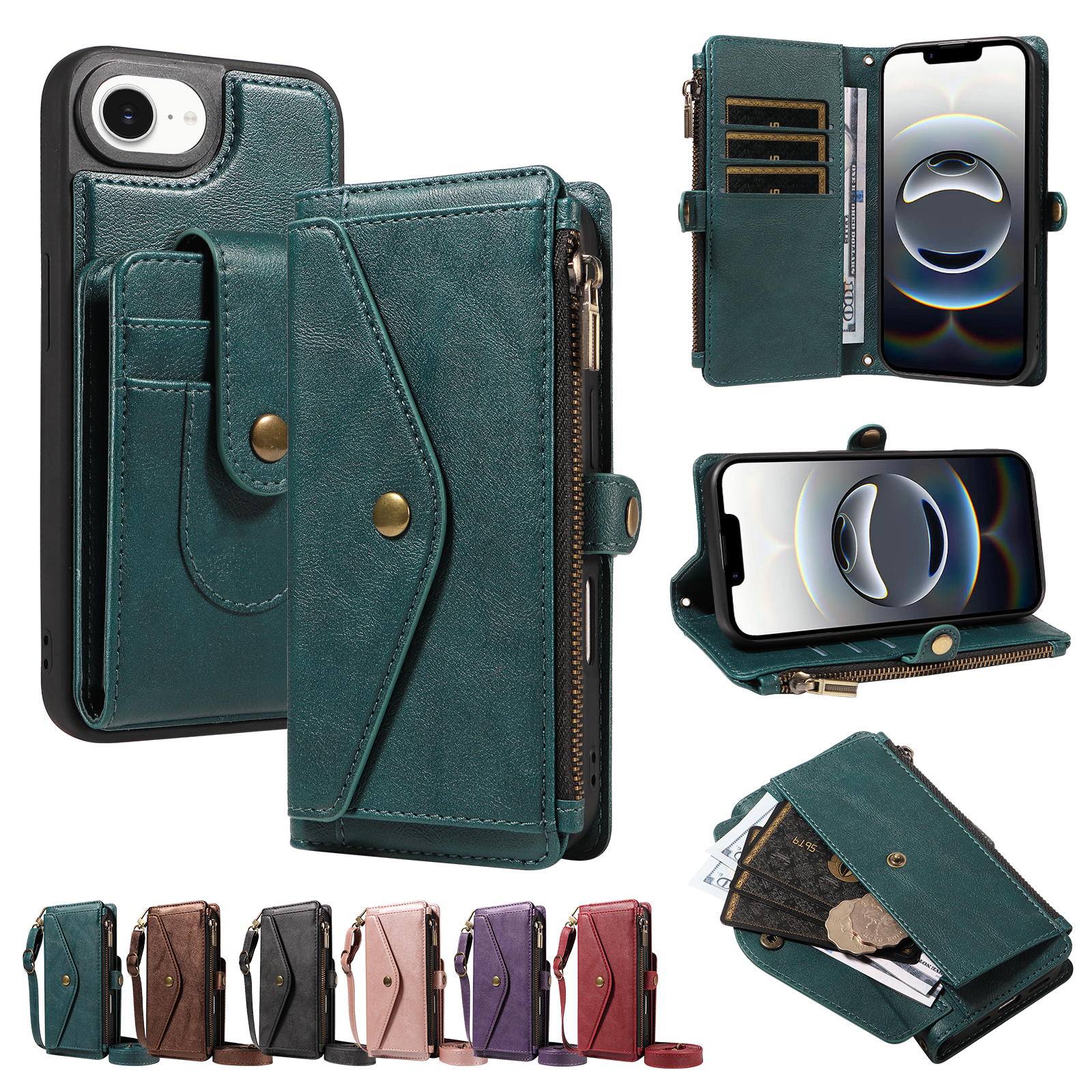 For iPhone 16e / iPhone 17e Magnetic Case Detachable RFID Blocking Wallet PU Leather + Matte TPU Phone Cover with Straps - Green