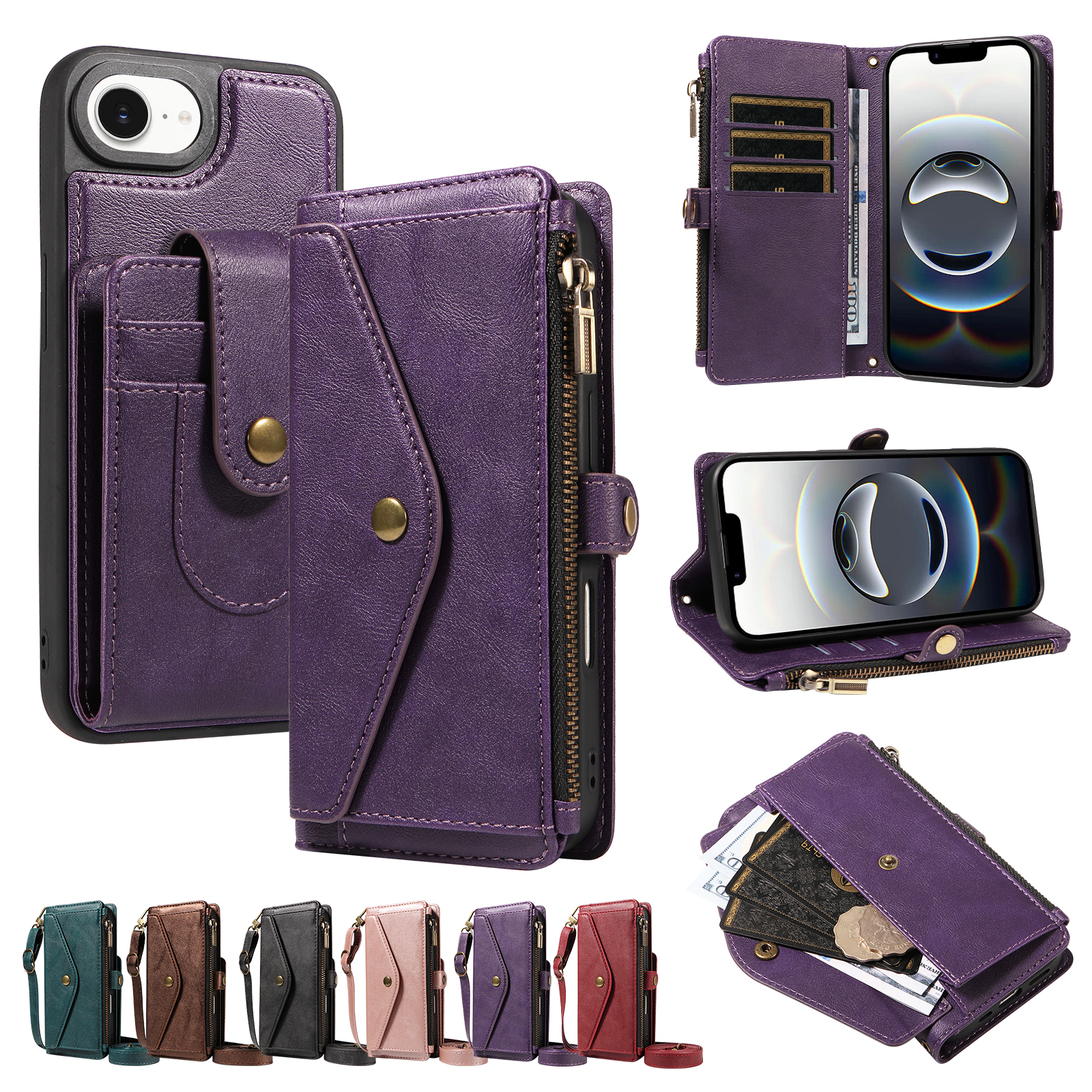 For iPhone 16e / iPhone 17e Magnetic Case Detachable RFID Blocking Wallet PU Leather + Matte TPU Phone Cover with Straps - Purple