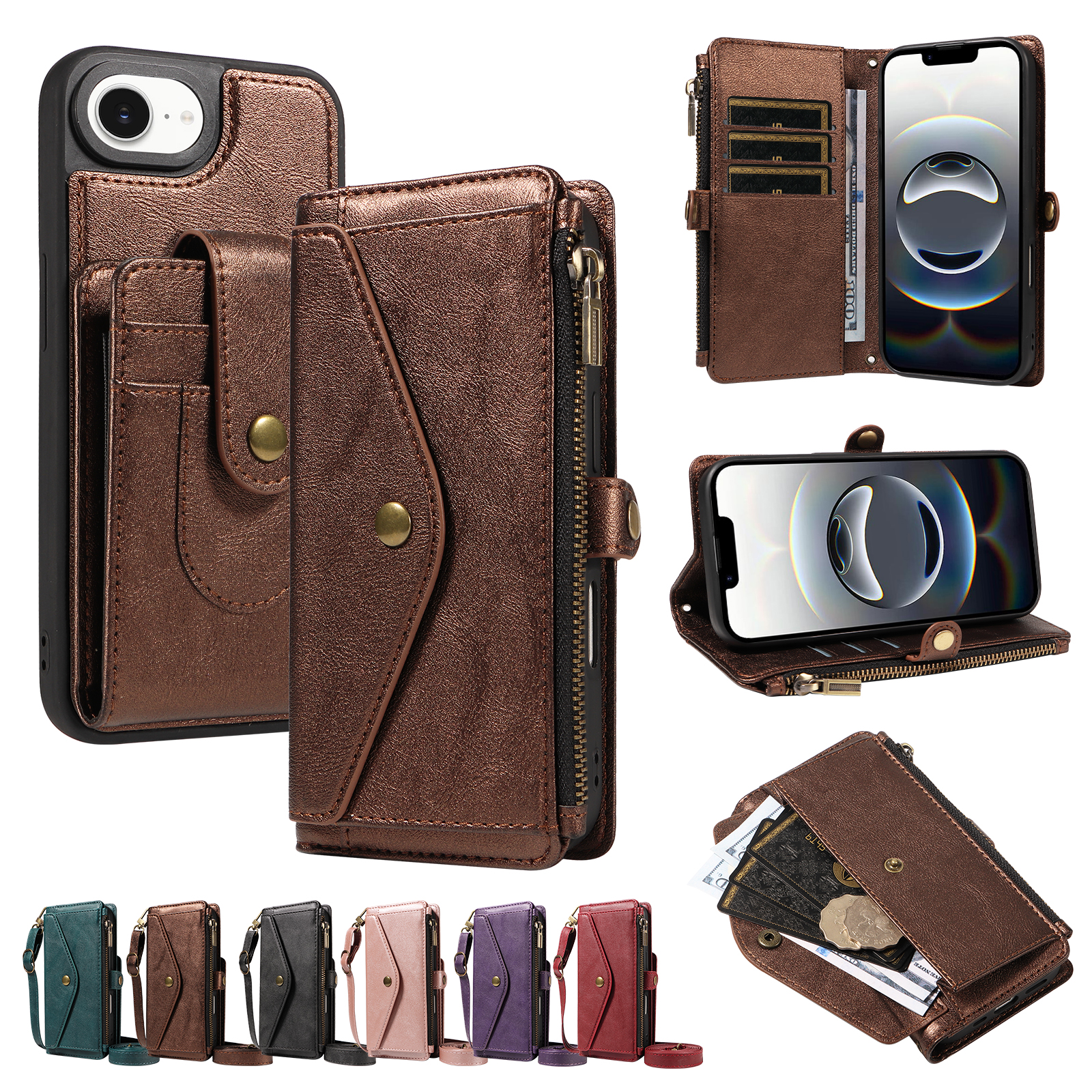 For iPhone 16e / iPhone 17e Magnetic Case Detachable RFID Blocking Wallet PU Leather + Matte TPU Phone Cover with Straps - Brown