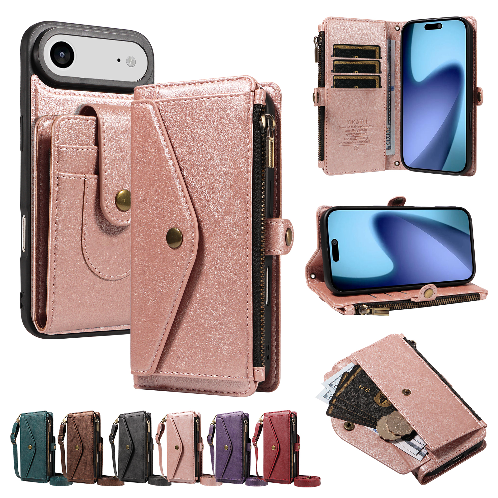 For iPhone Air Magnetic Case Detachable RFID Blocking Wallet PU Leather + Matte TPU Phone Cover with Straps - Rose Gold