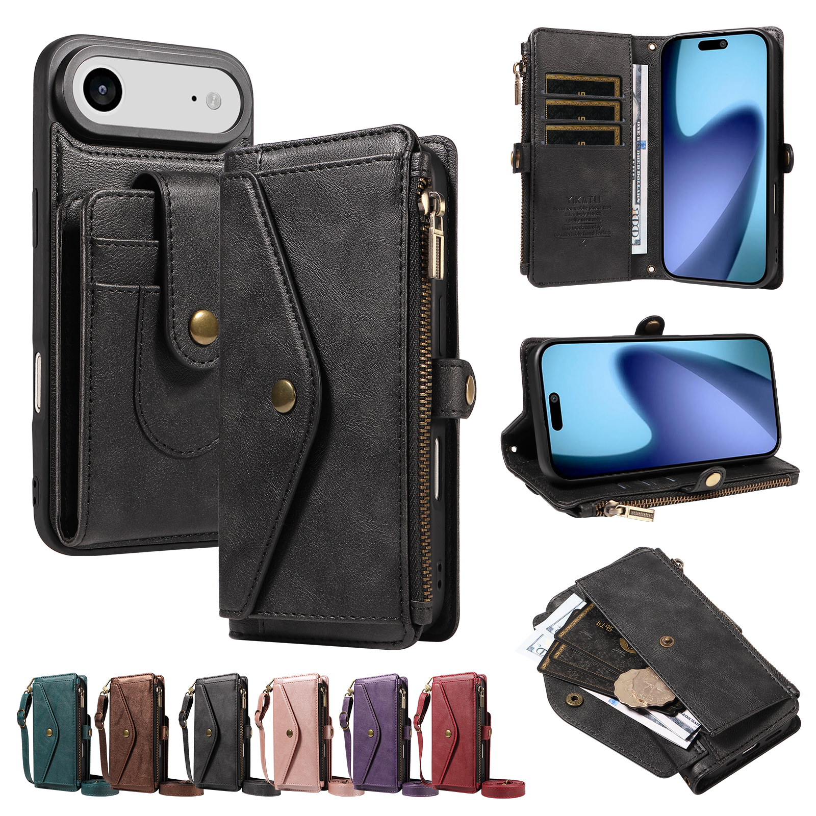 For iPhone Air Magnetic Case Detachable RFID Blocking Wallet PU Leather + Matte TPU Phone Cover with Straps - Black