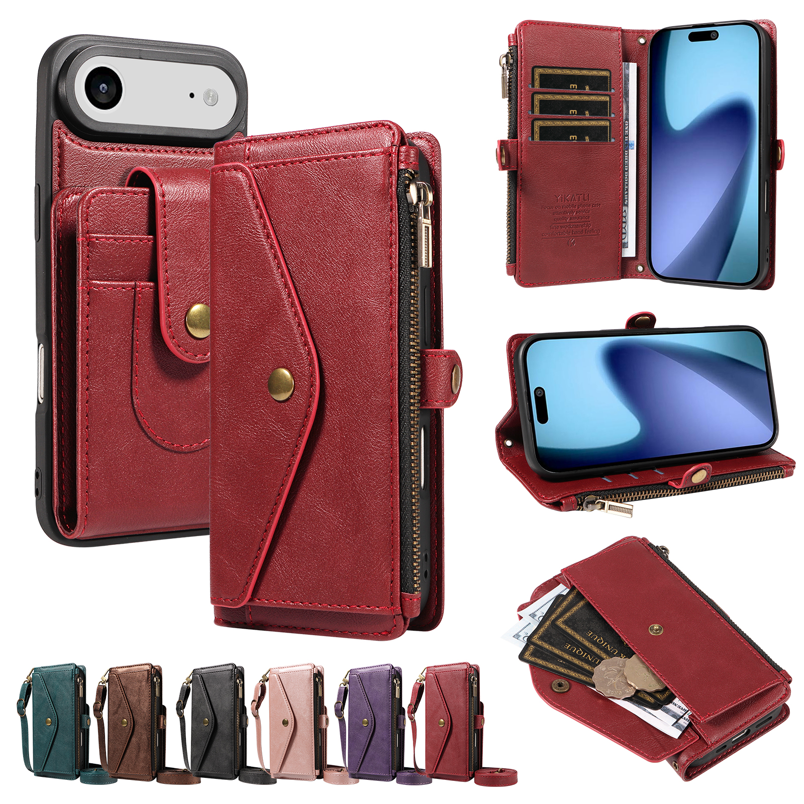For iPhone Air Magnetic Case Detachable RFID Blocking Wallet PU Leather + Matte TPU Phone Cover with Straps - Wine Red