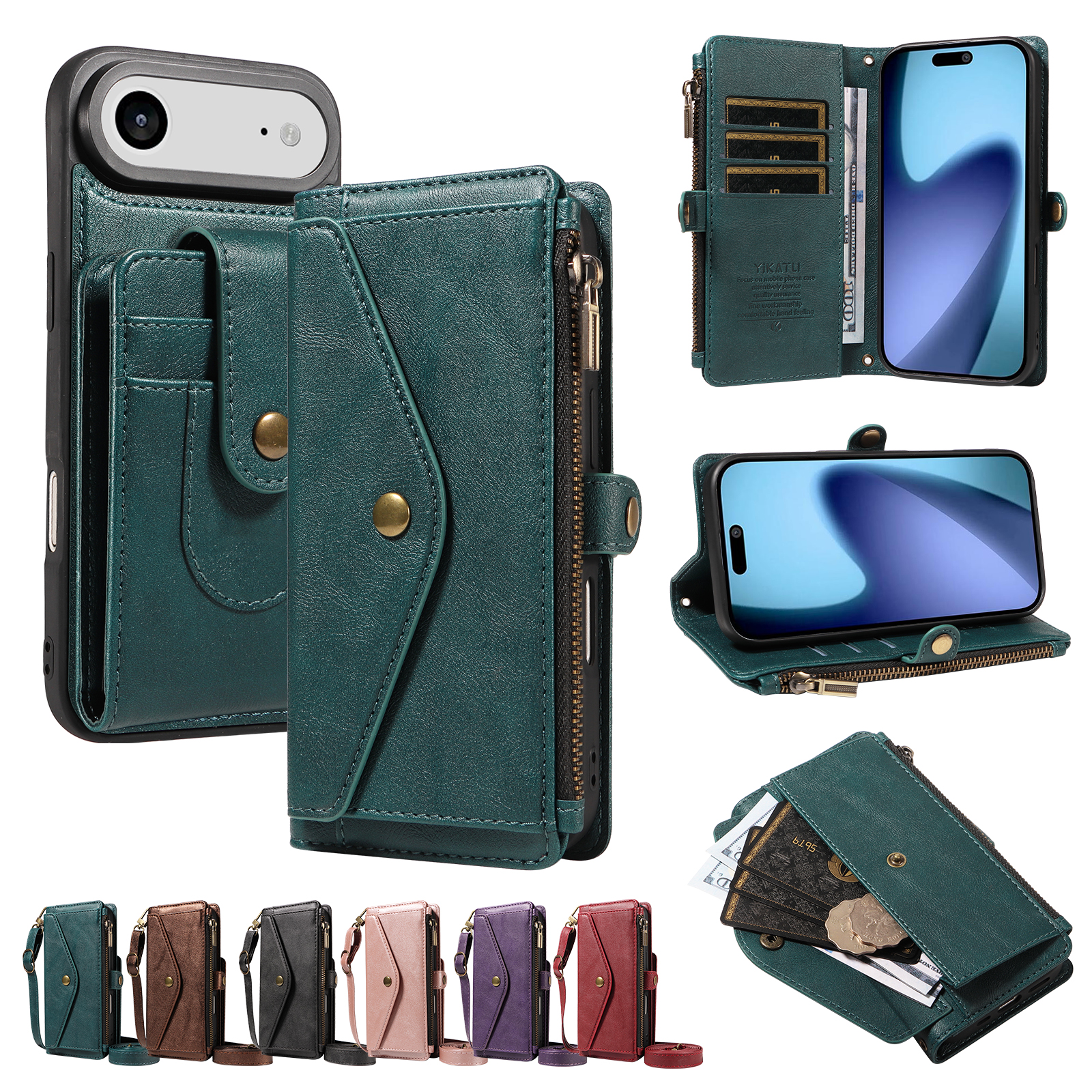For iPhone Air Magnetic Case Detachable RFID Blocking Wallet PU Leather + Matte TPU Phone Cover with Straps - Green