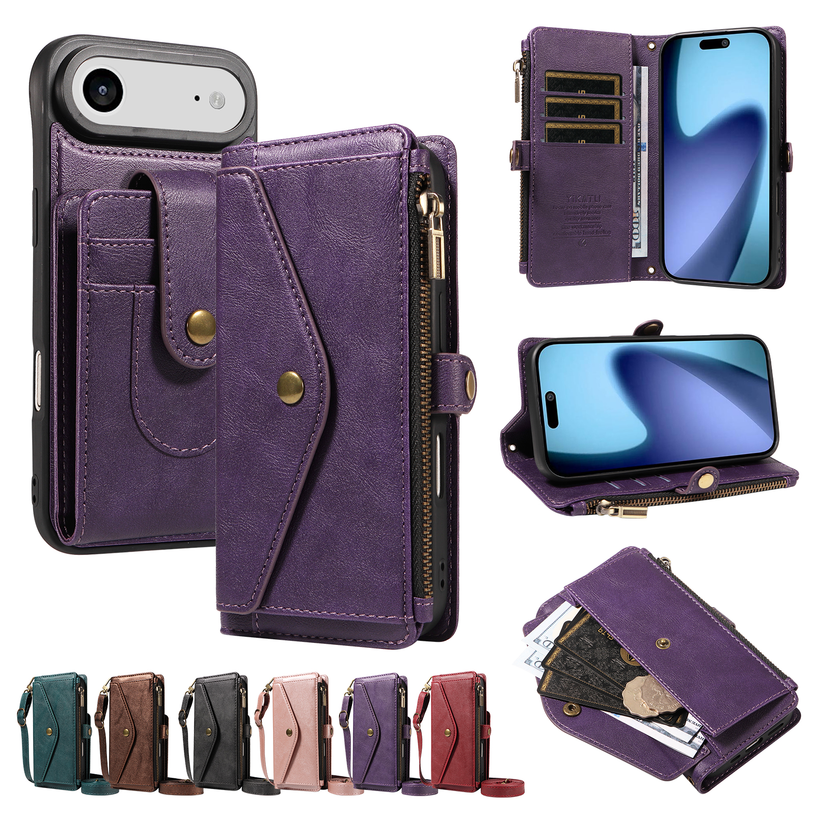 For iPhone Air Magnetic Case Detachable RFID Blocking Wallet PU Leather + Matte TPU Phone Cover with Straps - Purple