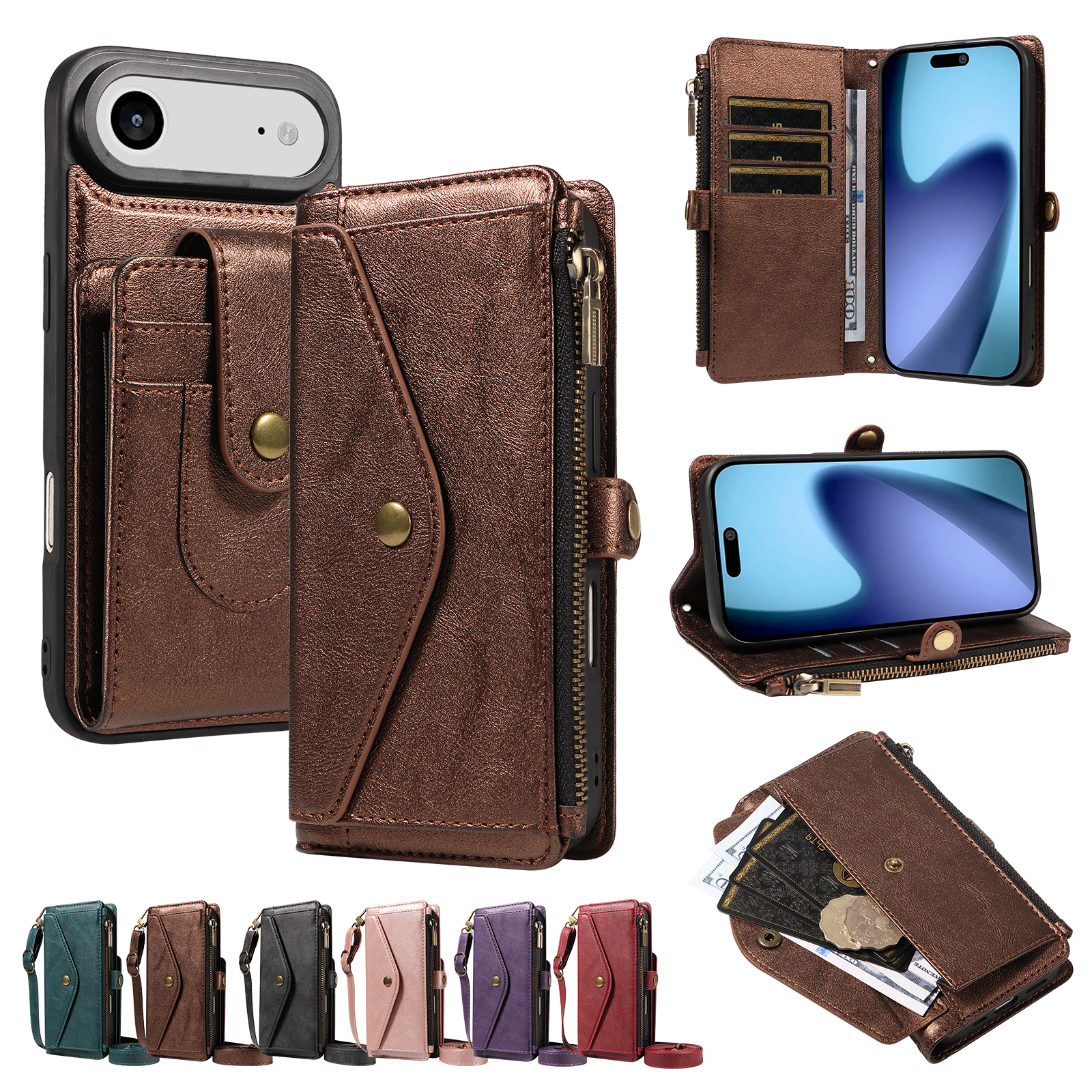 For iPhone Air Magnetic Case Detachable RFID Blocking Wallet PU Leather + Matte TPU Phone Cover with Straps - Brown