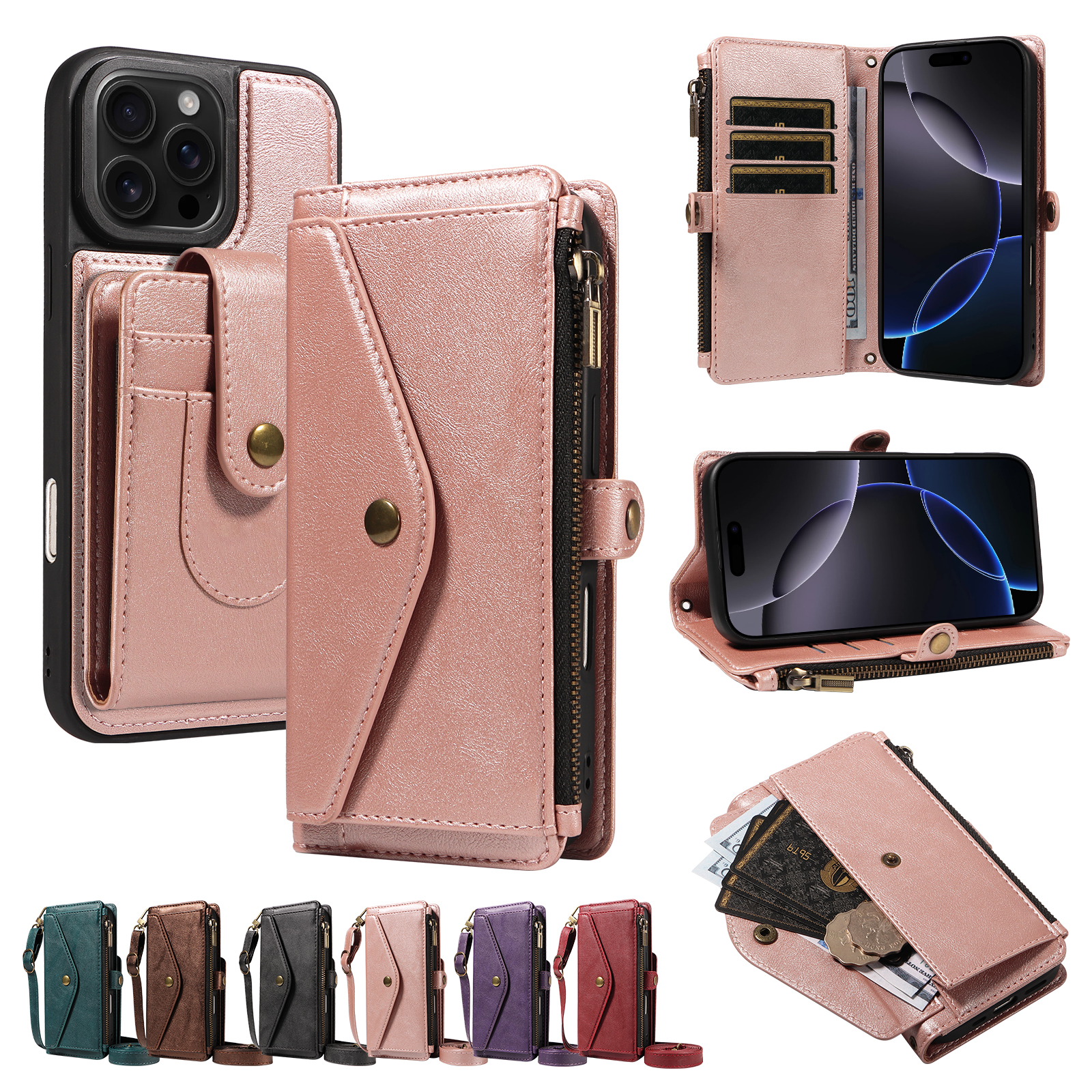 For iPhone 16 Pro Max Magnetic Case Detachable RFID Blocking Wallet PU Leather + Matte TPU Phone Cover with Straps - Rose Gold