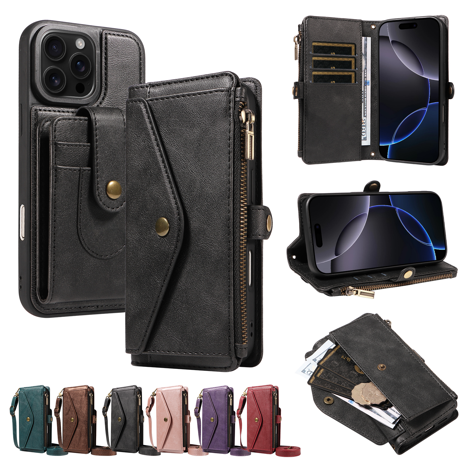 For iPhone 16 Pro Max Magnetic Case Detachable RFID Blocking Wallet PU Leather + Matte TPU Phone Cover with Straps - Black
