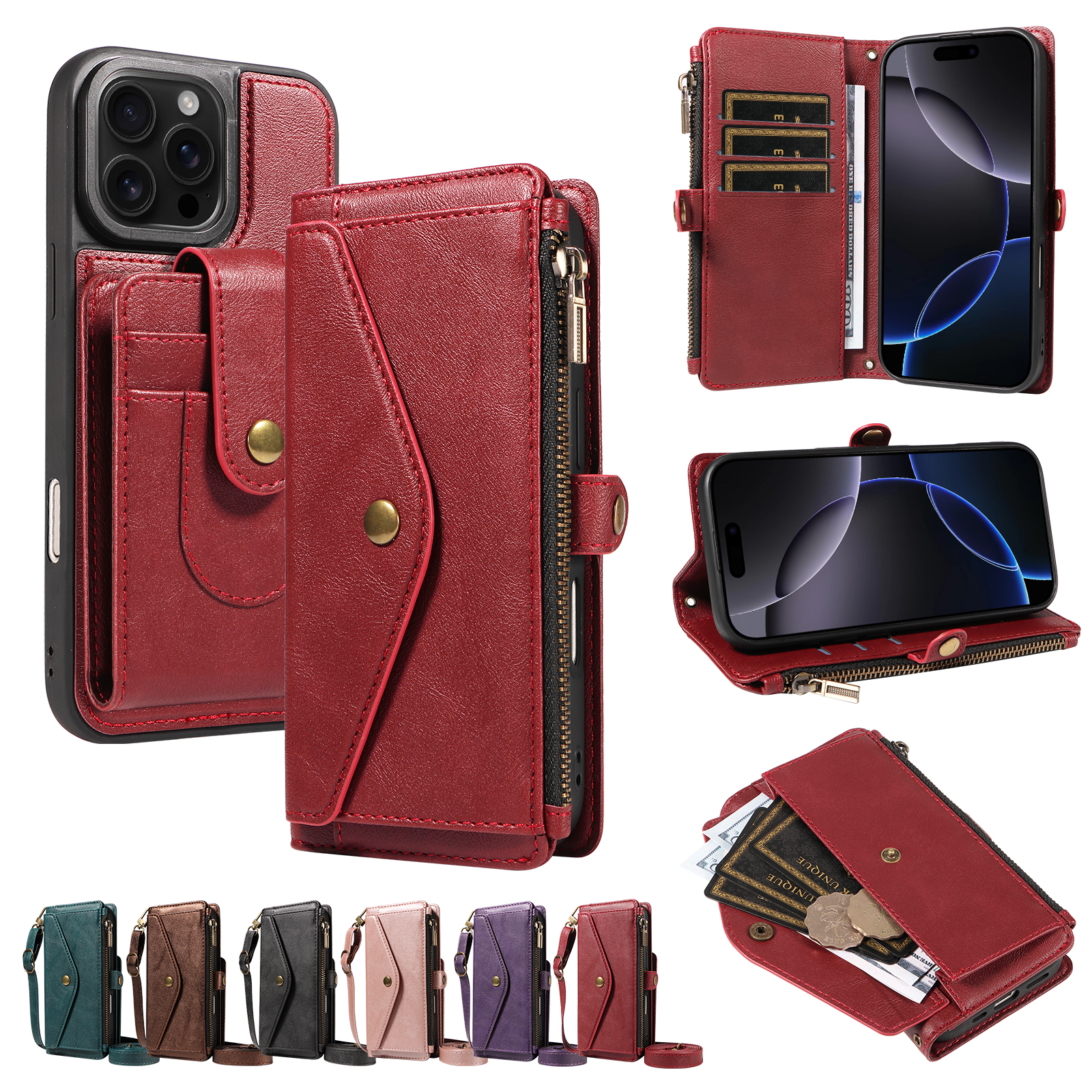 For iPhone 16 Pro Max Magnetic Case Detachable RFID Blocking Wallet PU Leather + Matte TPU Phone Cover with Straps - Wine Red
