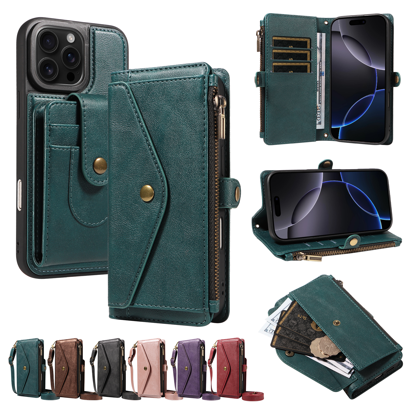 For iPhone 16 Pro Max Magnetic Case Detachable RFID Blocking Wallet PU Leather + Matte TPU Phone Cover with Straps - Green