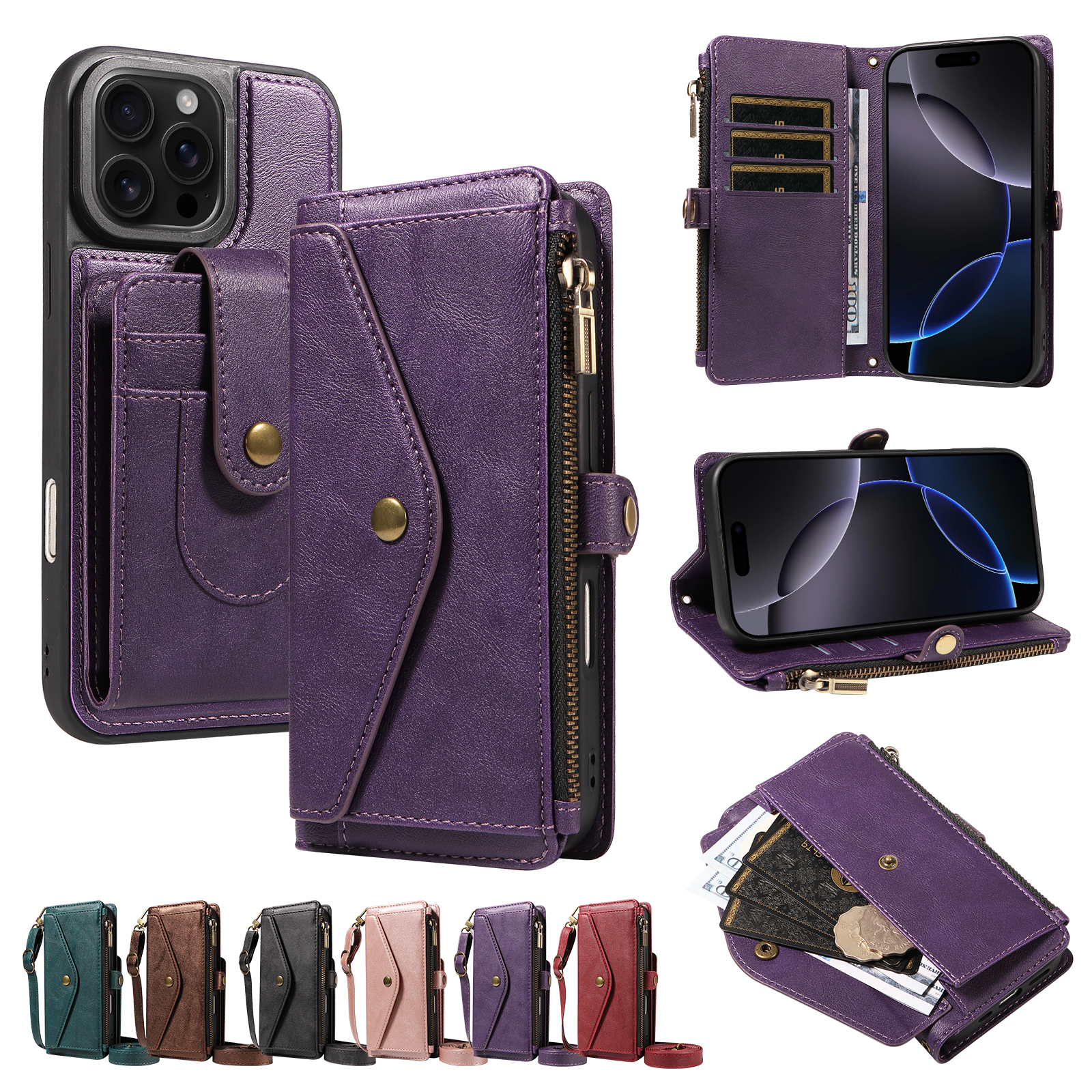For iPhone 16 Pro Max Magnetic Case Detachable RFID Blocking Wallet PU Leather + Matte TPU Phone Cover with Straps - Purple