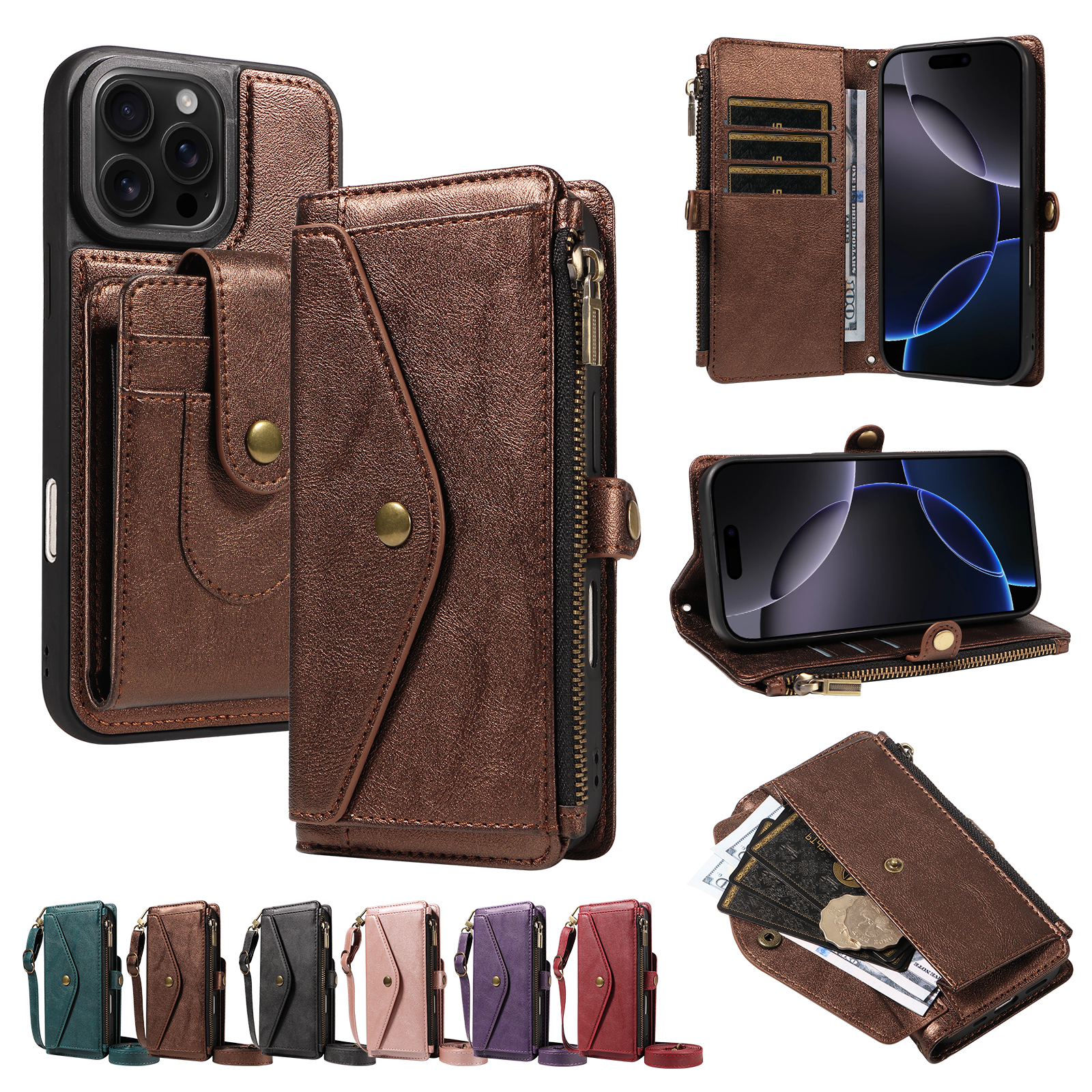 For iPhone 16 Pro Max Magnetic Case Detachable RFID Blocking Wallet PU Leather + Matte TPU Phone Cover with Straps - Brown