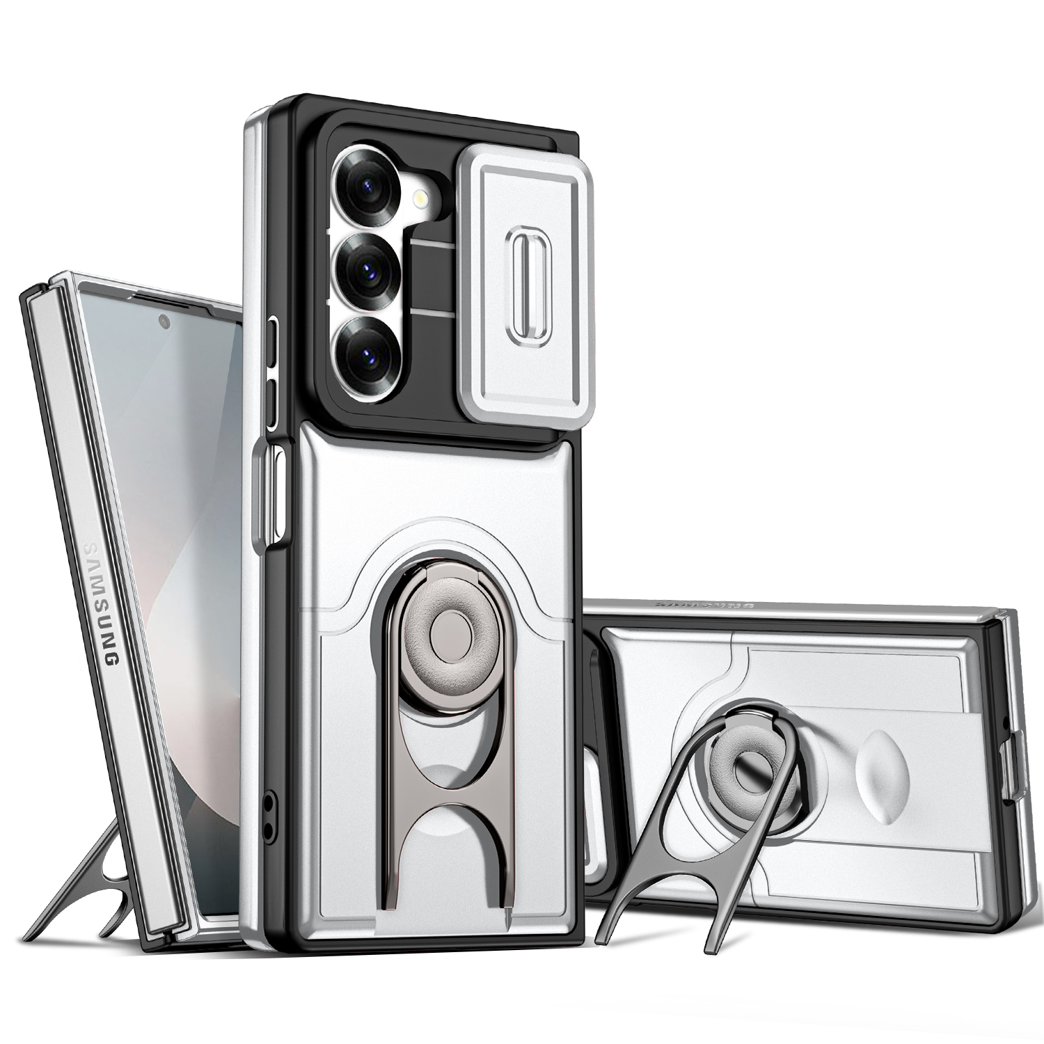 For Samsung Galaxy Z Fold6 5G Case with Slide Camera Cover Kickstand PC + TPU Protective Phone Shell - Silver