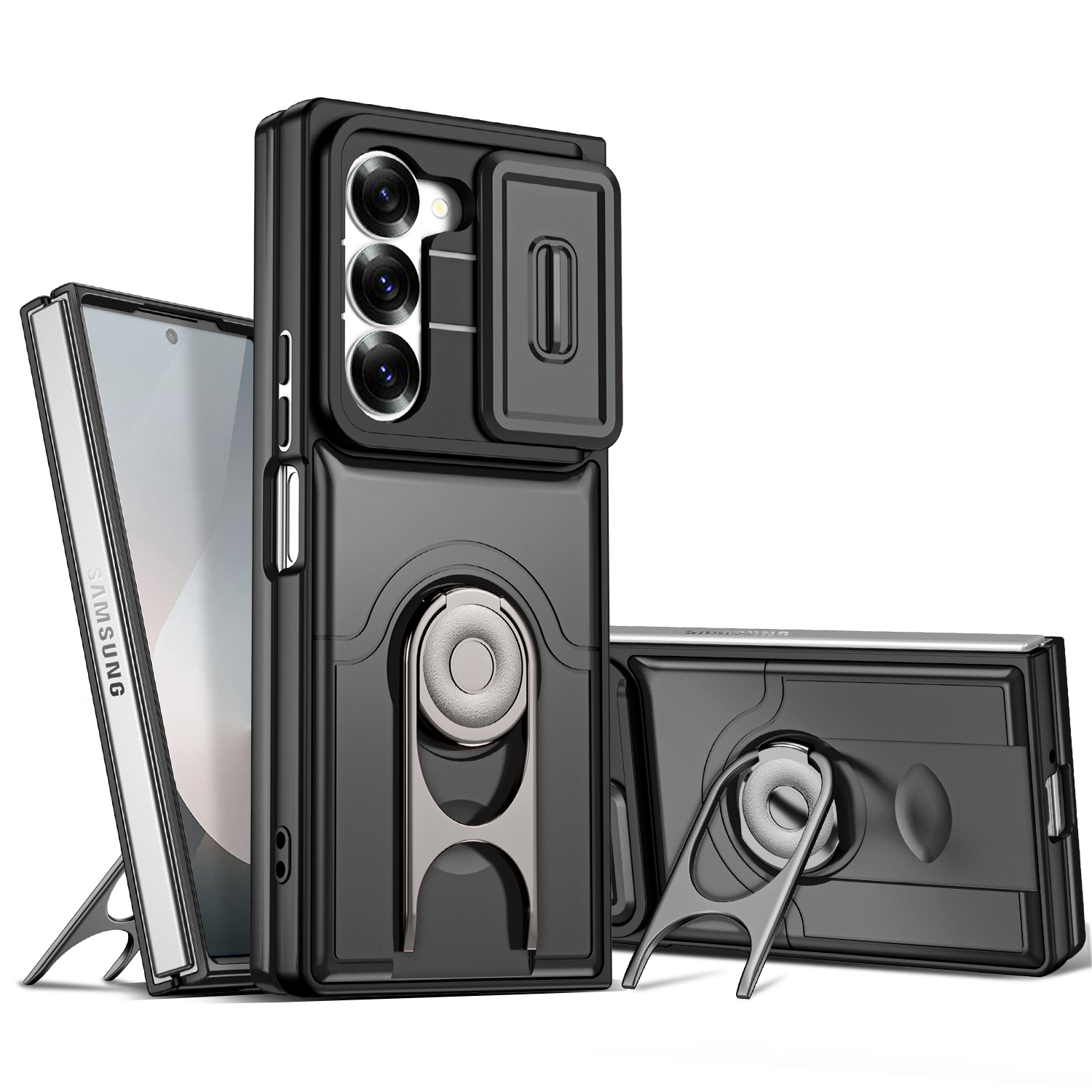 For Samsung Galaxy Z Fold6 5G Case with Slide Camera Cover Kickstand PC + TPU Protective Phone Shell - Black