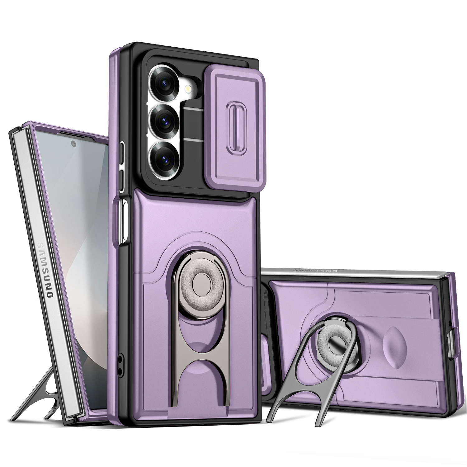 For Samsung Galaxy Z Fold6 5G Case with Slide Camera Cover Kickstand PC + TPU Protective Phone Shell - Purple