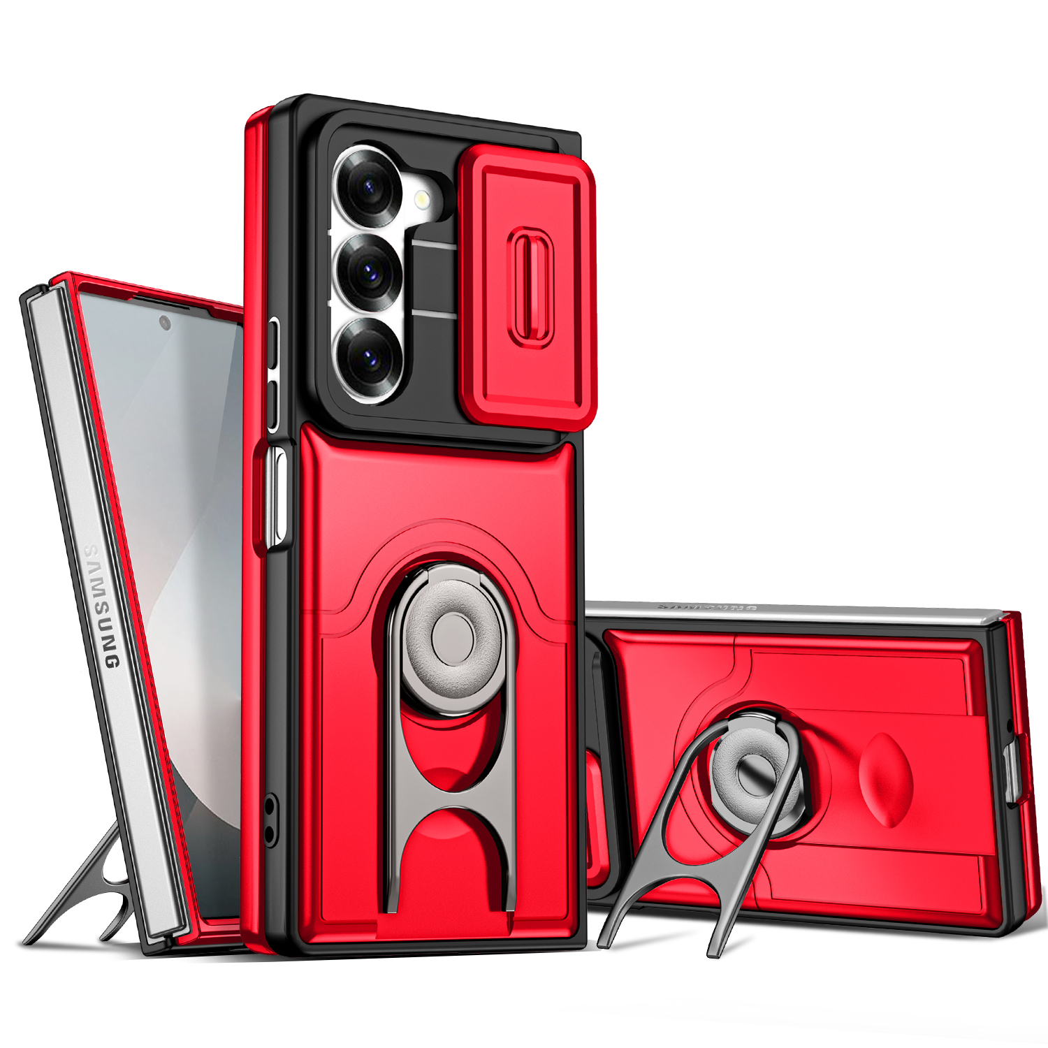 For Samsung Galaxy Z Fold6 5G Case with Slide Camera Cover Kickstand PC + TPU Protective Phone Shell - Red