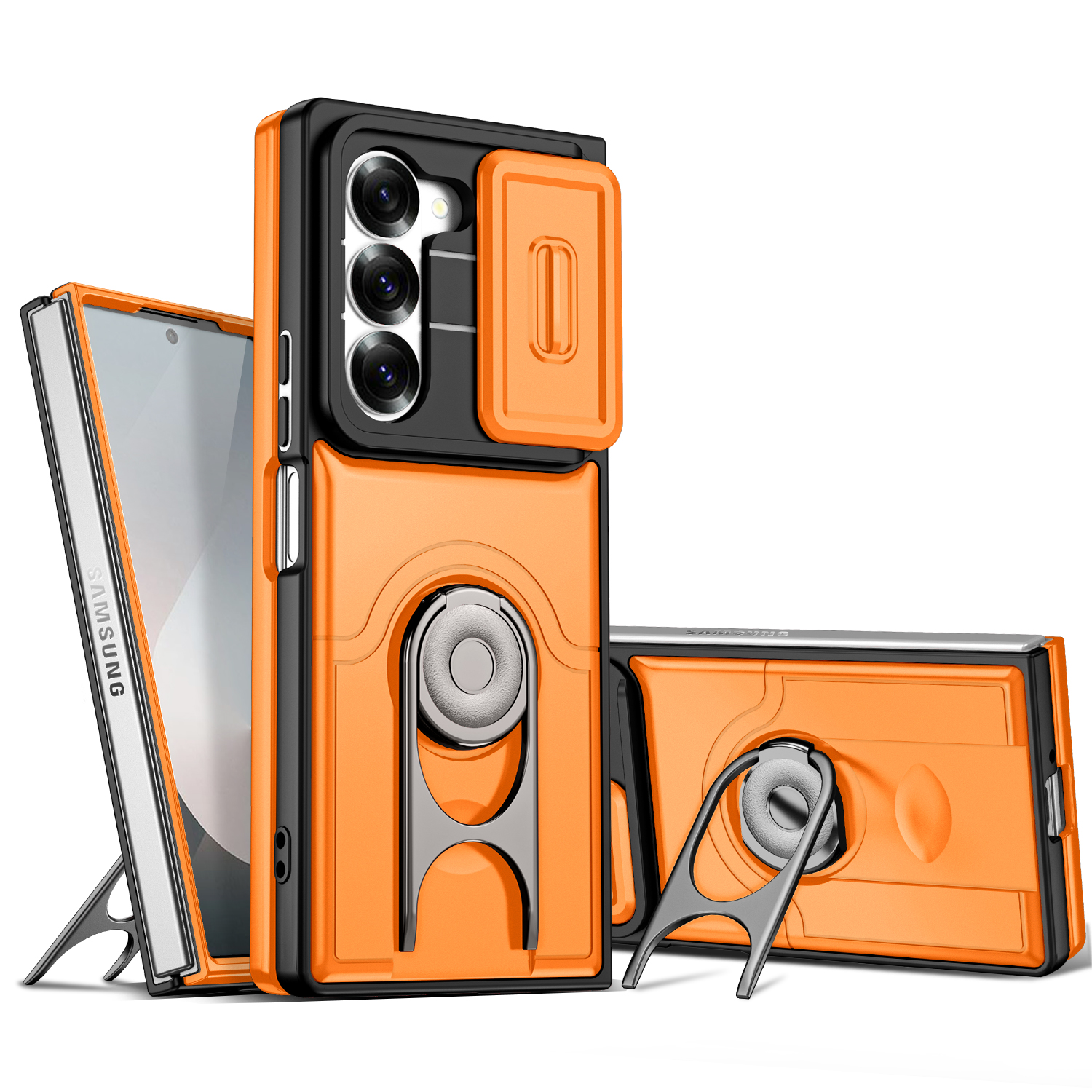 For Samsung Galaxy Z Fold6 5G Case with Slide Camera Cover Kickstand PC + TPU Protective Phone Shell - Orange