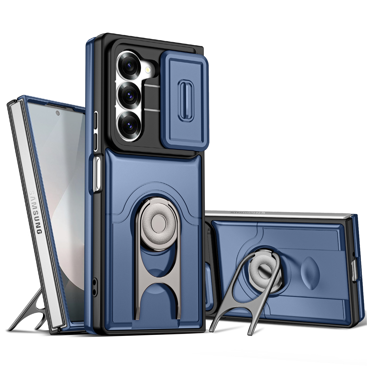 For Samsung Galaxy Z Fold6 5G Case with Slide Camera Cover Kickstand PC + TPU Protective Phone Shell - Blue