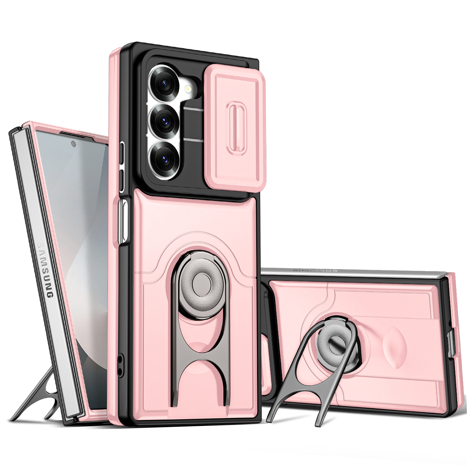 For Samsung Galaxy Z Fold6 5G Case with Slide Camera Cover Kickstand PC + TPU Protective Phone Shell - Pink