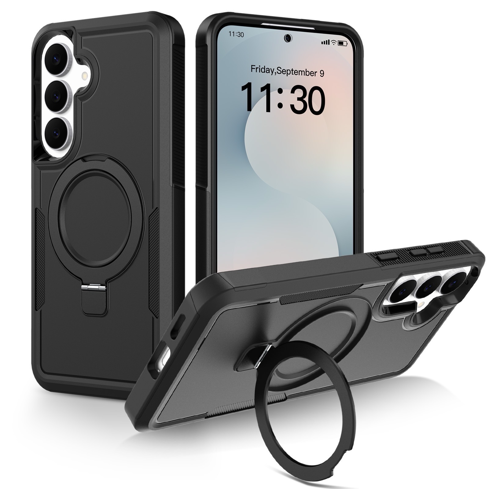 For Samsung Galaxy A17 4G / Galaxy A26 5G / Galaxy A18 4G / Galaxy A18 5G / Galaxy A17 5G Case Magnetic Rotatable Kickstand PC + TPU Phone Protective Cover - Black+Black