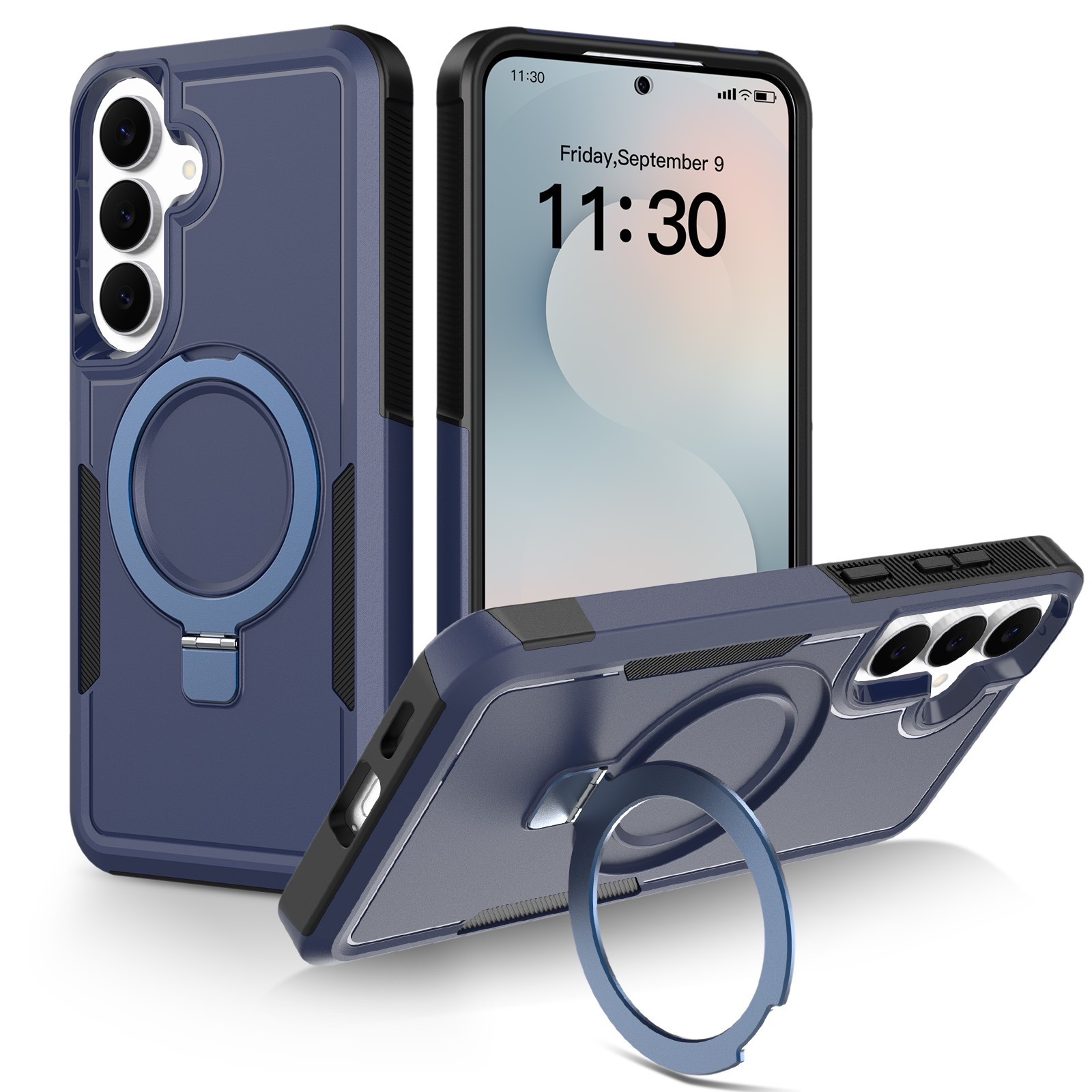 For Samsung Galaxy A17 4G / Galaxy A26 5G / Galaxy A18 4G / Galaxy A18 5G / Galaxy A17 5G Case Magnetic Rotatable Kickstand PC + TPU Phone Protective Cover - Sapphire+Black