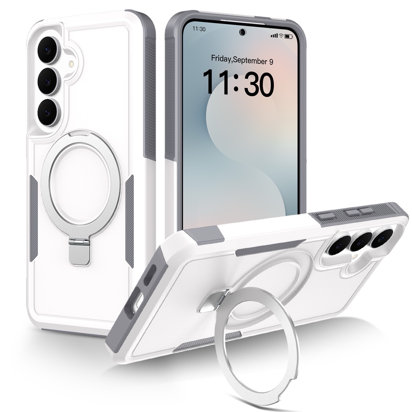For Samsung Galaxy A17 4G / Galaxy A26 5G / Galaxy A18 4G / Galaxy A18 5G / Galaxy A17 5G Case Magnetic Rotatable Kickstand PC + TPU Phone Protective Cover - White+Grey
