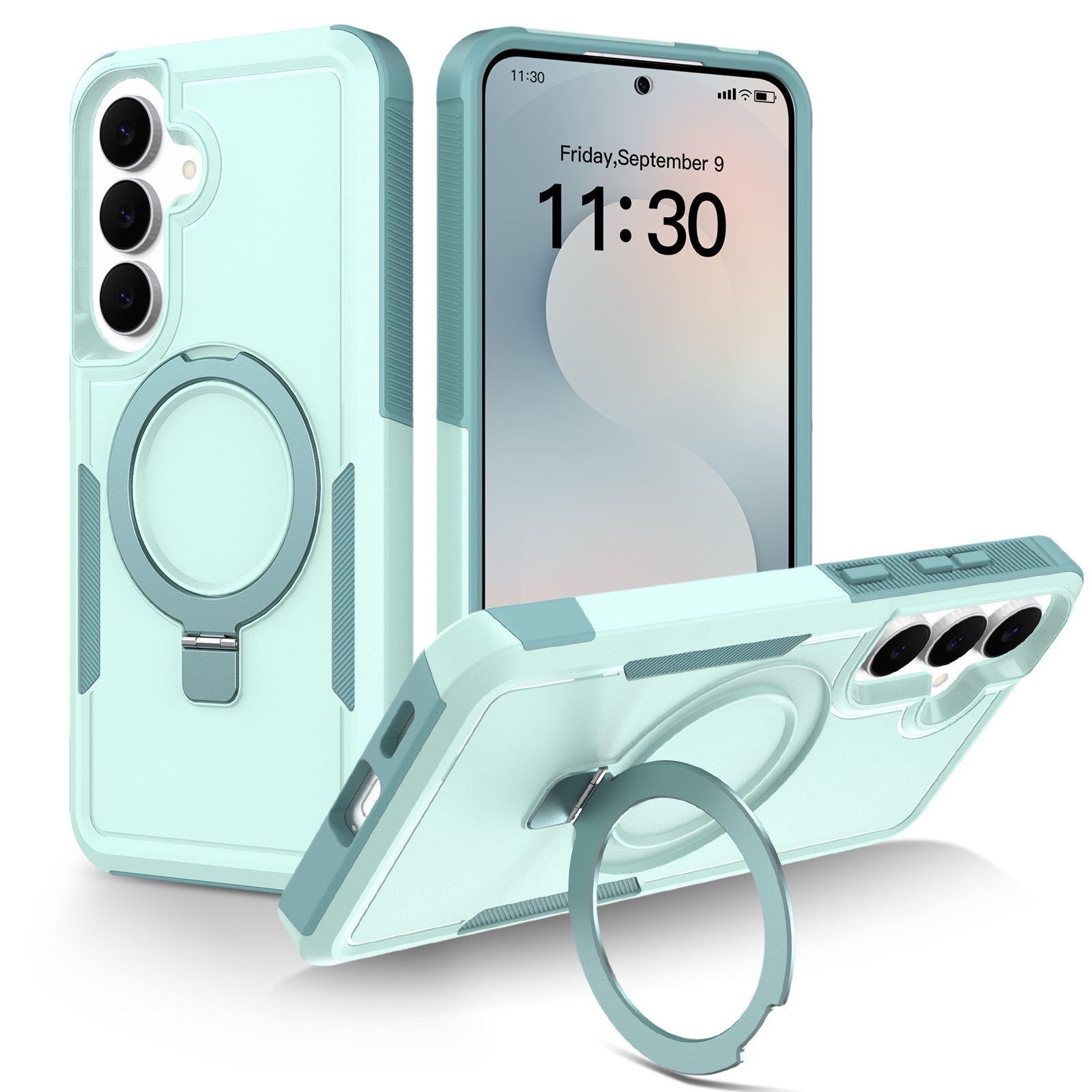 For Samsung Galaxy A17 4G / Galaxy A26 5G / Galaxy A18 4G / Galaxy A18 5G / Galaxy A17 5G Case Magnetic Rotatable Kickstand PC + TPU Phone Protective Cover - Blue Green+Blue Green