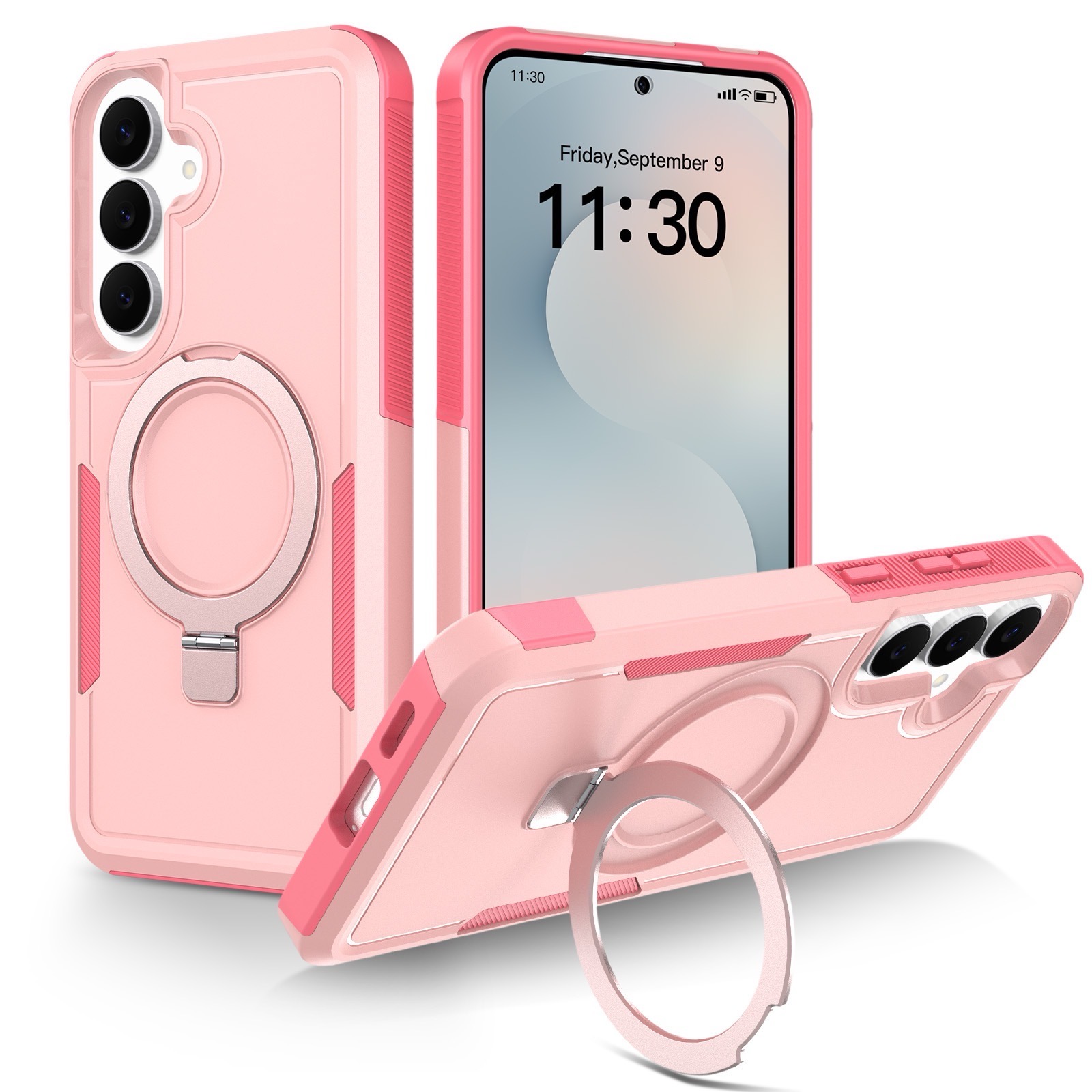 For Samsung Galaxy A17 4G / Galaxy A26 5G / Galaxy A18 4G / Galaxy A18 5G / Galaxy A17 5G Case Magnetic Rotatable Kickstand PC + TPU Phone Protective Cover - Pink+Pink