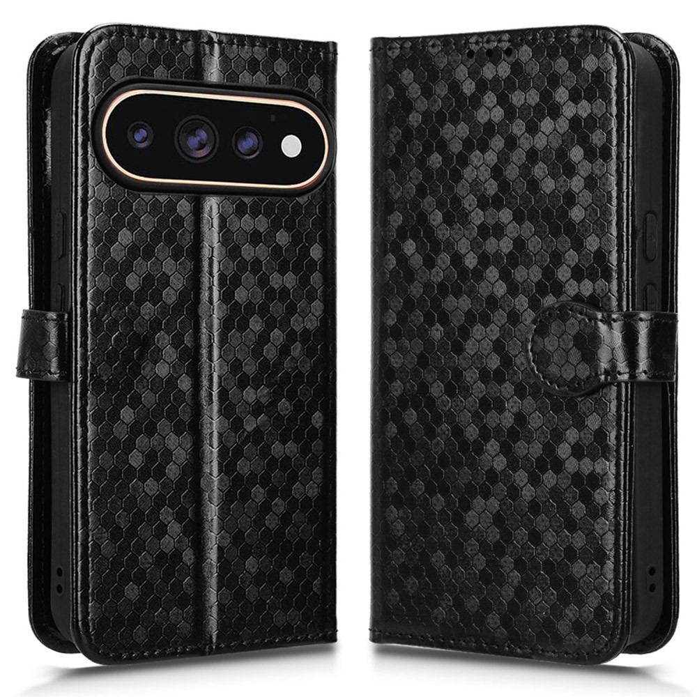For Google Pixel 11 Pro  /  11 Wallet Case Dot Pattern Imprint PU Leather Phone Cover with Wrist Strap - Black