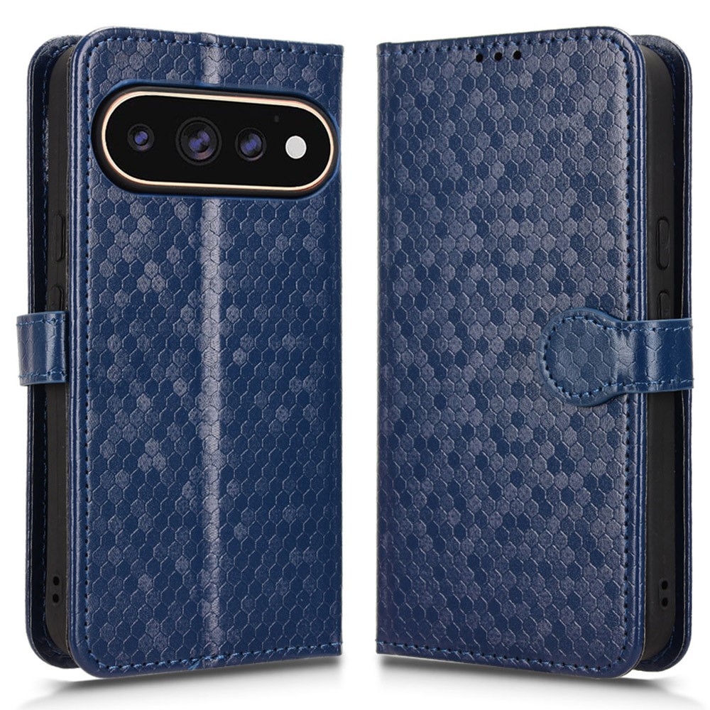 For Google Pixel 11 Pro  /  11 Wallet Case Dot Pattern Imprint PU Leather Phone Cover with Wrist Strap - Dark Blue