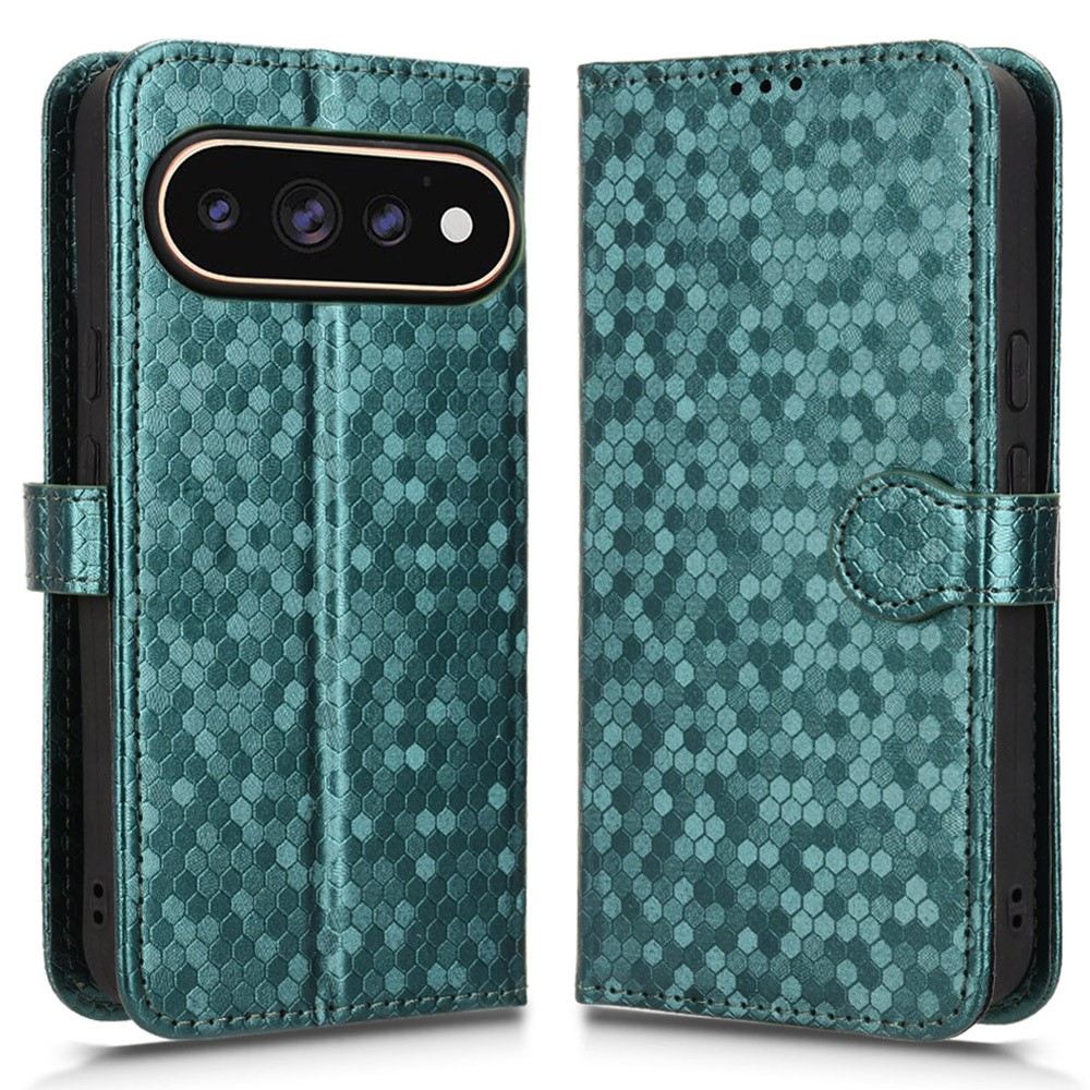 For Google Pixel 11 Pro  /  11 Wallet Case Dot Pattern Imprint PU Leather Phone Cover with Wrist Strap - Green
