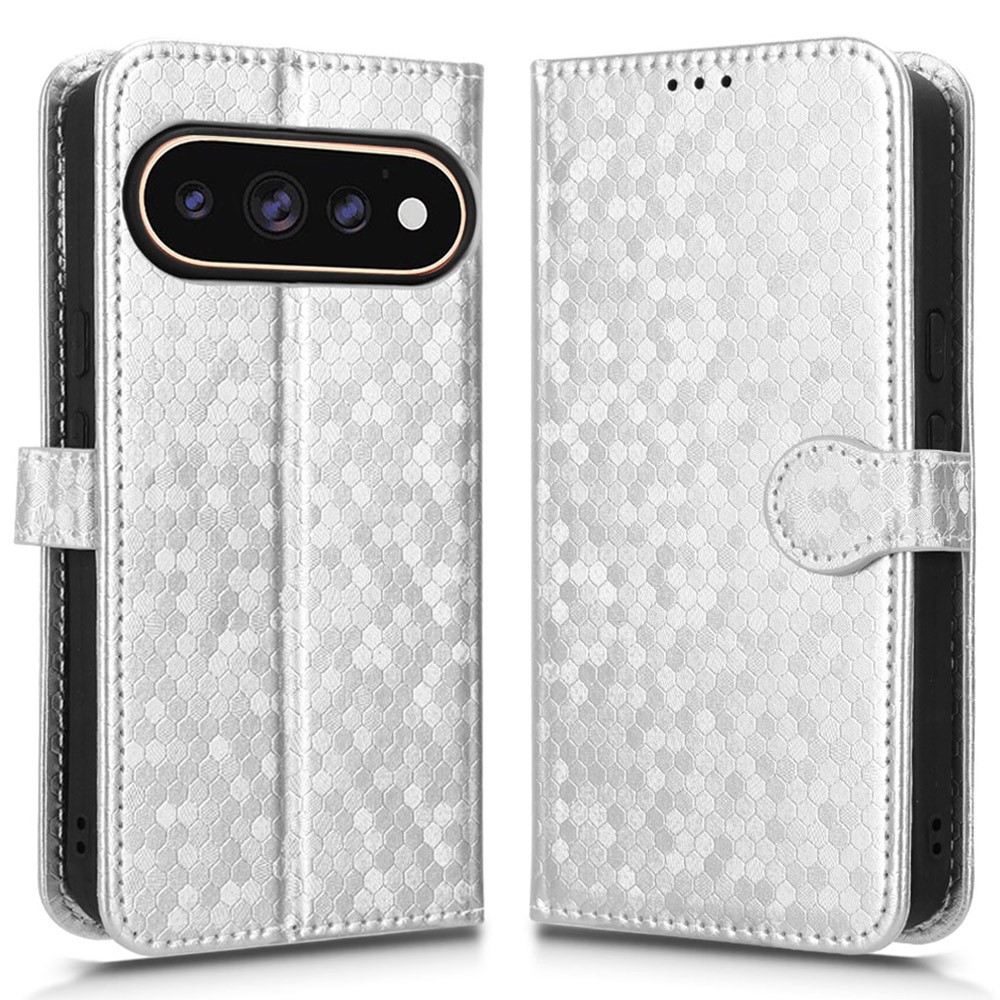 For Google Pixel 11 Pro  /  11 Wallet Case Dot Pattern Imprint PU Leather Phone Cover with Wrist Strap - Silver