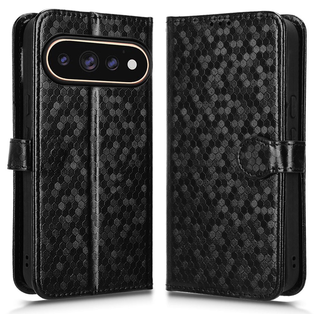 For Google Pixel 11 Pro XL Wallet Case Dot Pattern Imprint PU Leather Phone Cover with Wrist Strap - Black