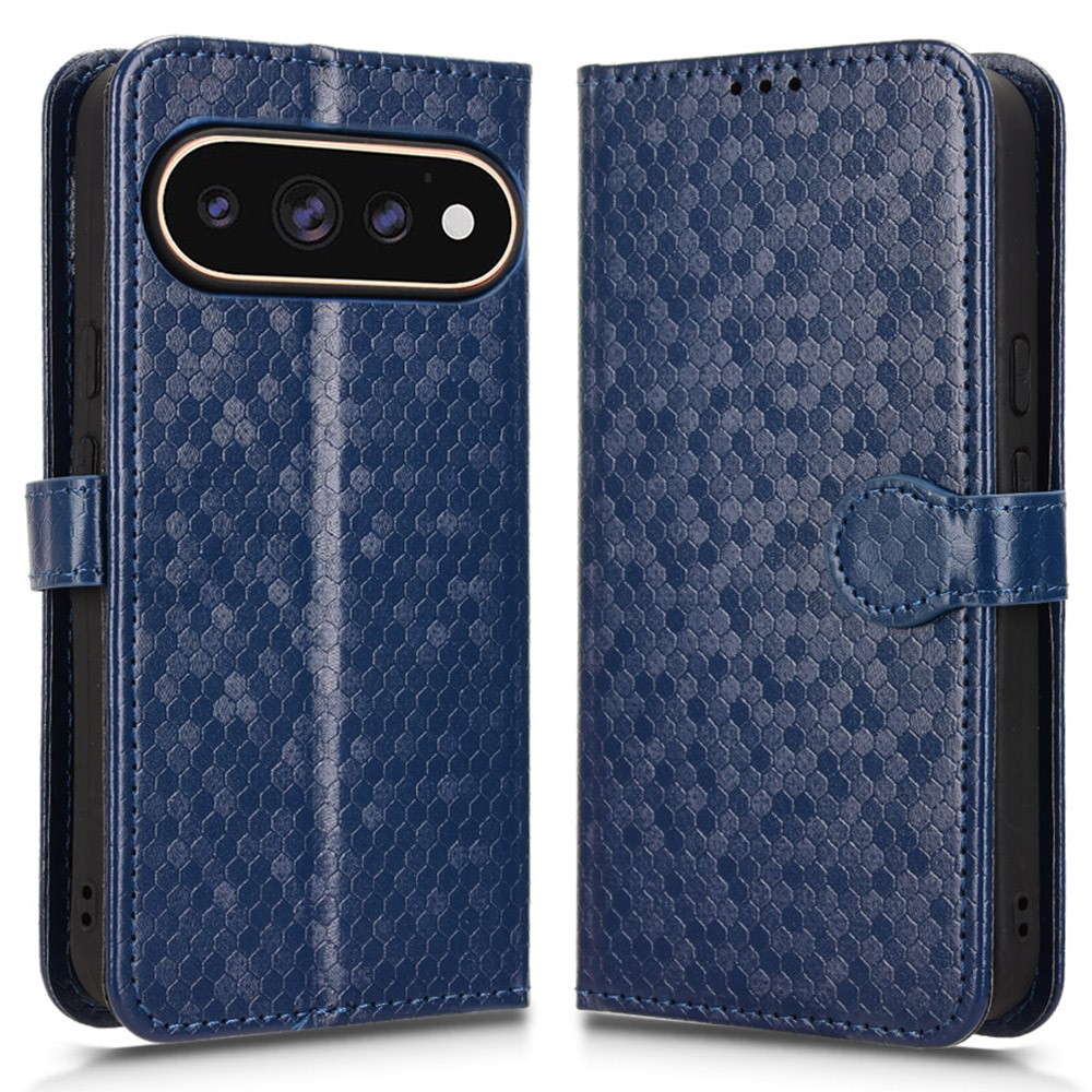 For Google Pixel 11 Pro XL Wallet Case Dot Pattern Imprint PU Leather Phone Cover with Wrist Strap - Dark Blue