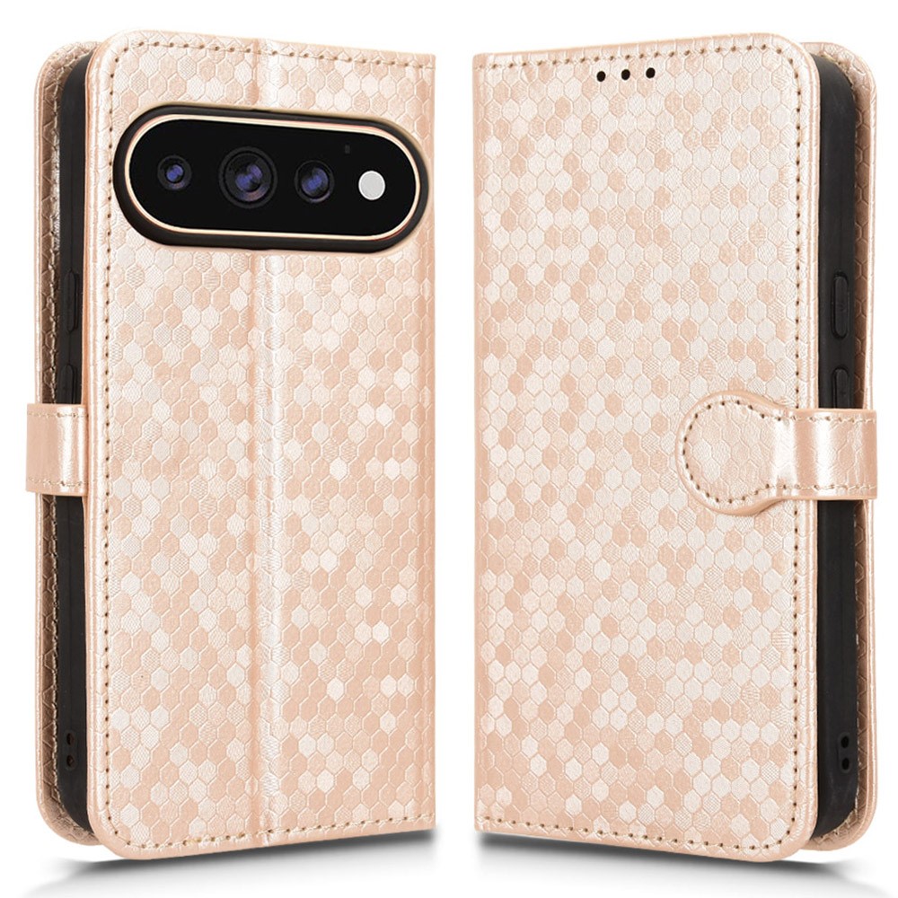 For Google Pixel 11 Pro XL Wallet Case Dot Pattern Imprint PU Leather Phone Cover with Wrist Strap - Rose Gold
